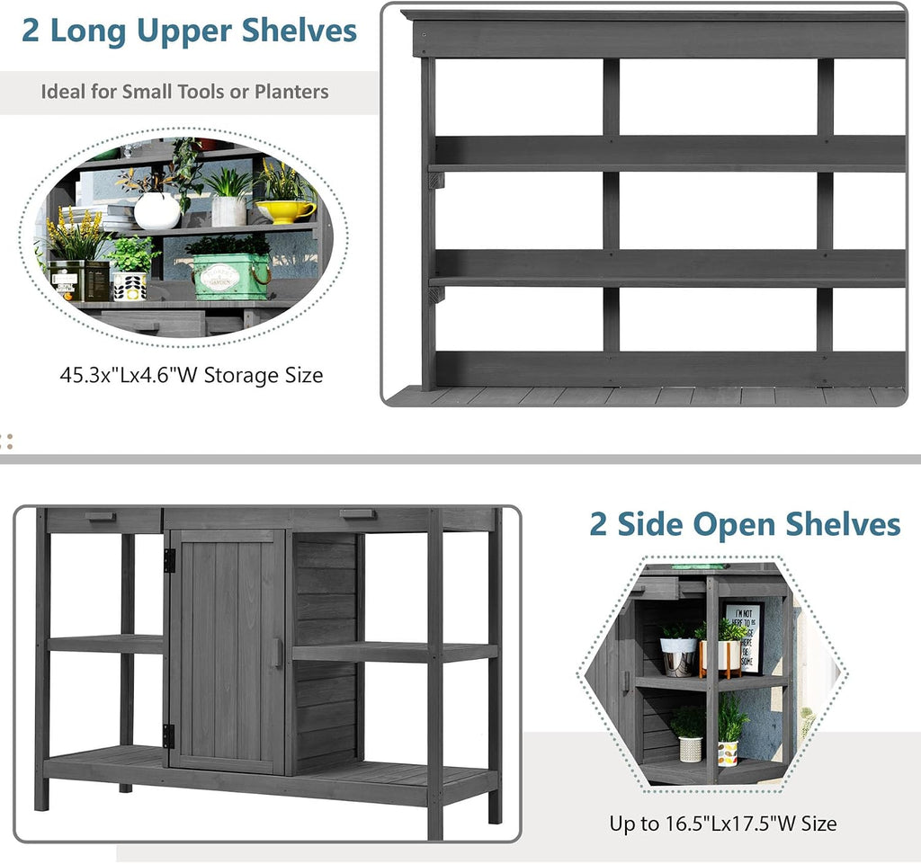 66' Large Outdoor Potting Table with 2 Drawers, Cabinet, Open Shelves, Wooden Potting Bench for Garden, Patio, Farmhouse, Backyard, Spacious Workstation (Grey, 66')