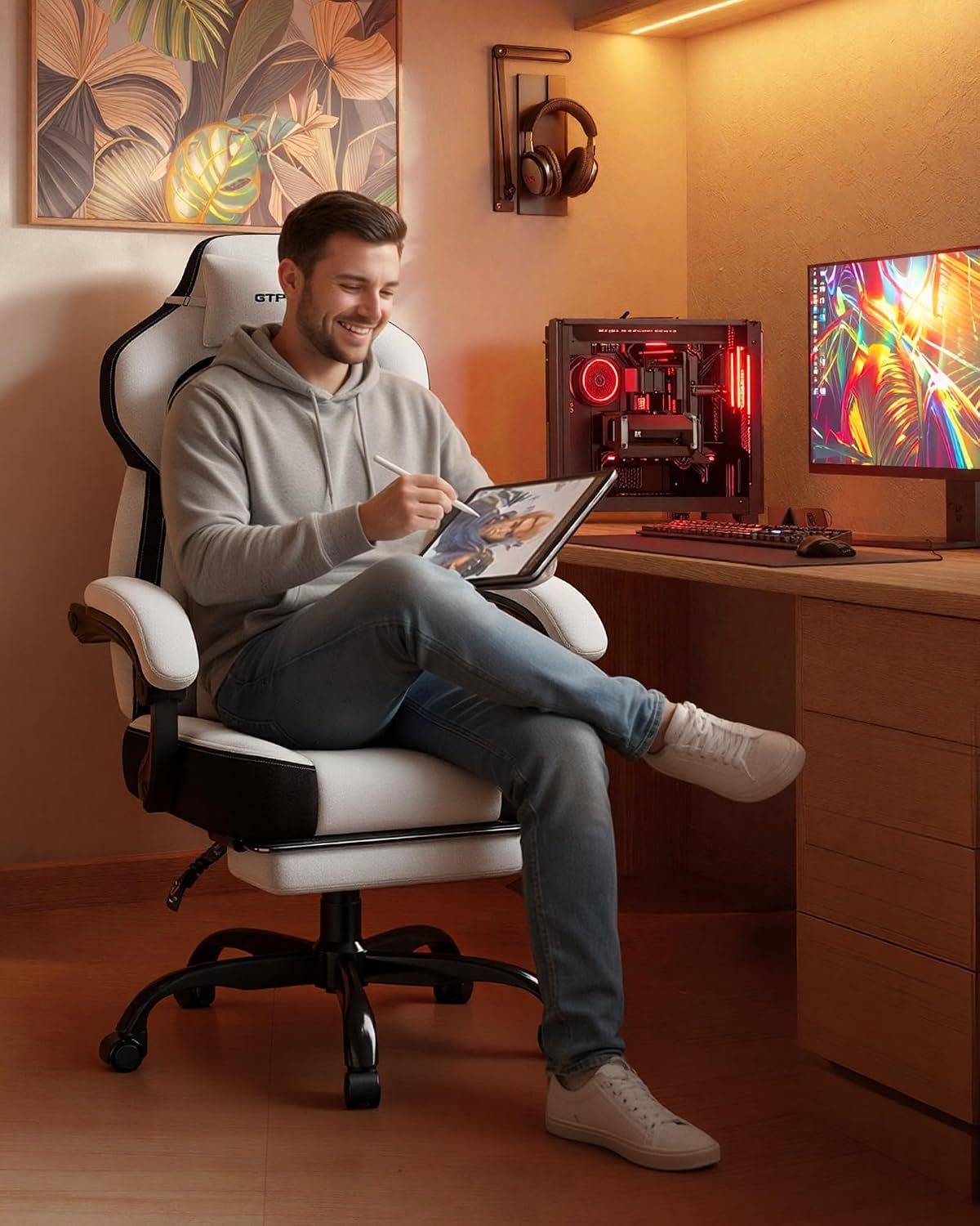GTPLAYER Gaming Chairs for Adult - Ergonomic Big & Tall Gaming Seat with Footrest & Lumbar Support, Comfortable Office Chair 90-155° Reclining - Heavy Duty Wide Computer Seat, Bright Grey