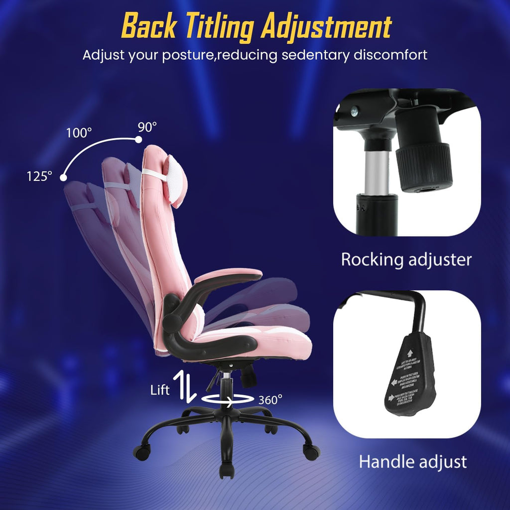 Ruesleag PC Gaming Racing Chair Ergonomic Office Computer Chair HIgh Back Video Racing Chair w/Lumbar Support Flip Up Arms Headrest PU Leather Study Desk Chair Executive Office Chair for Adults,Pink