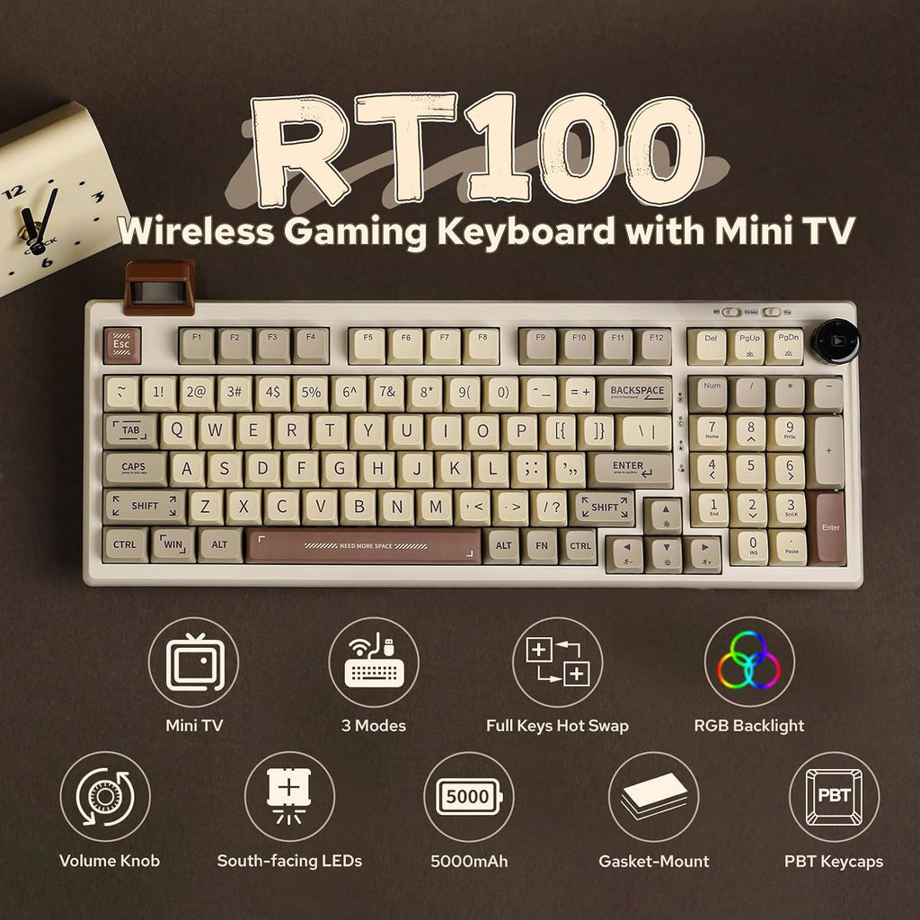 EPOMAKER RT100 97 Keys Gasket BT5.0/2.4G/USB-C Mechanical Gaming Keyboard with Customizable Display Screen, Knob, Hot Swappable Socket, 5000mAh Battery for Win/Mac (Flamingo Switch)