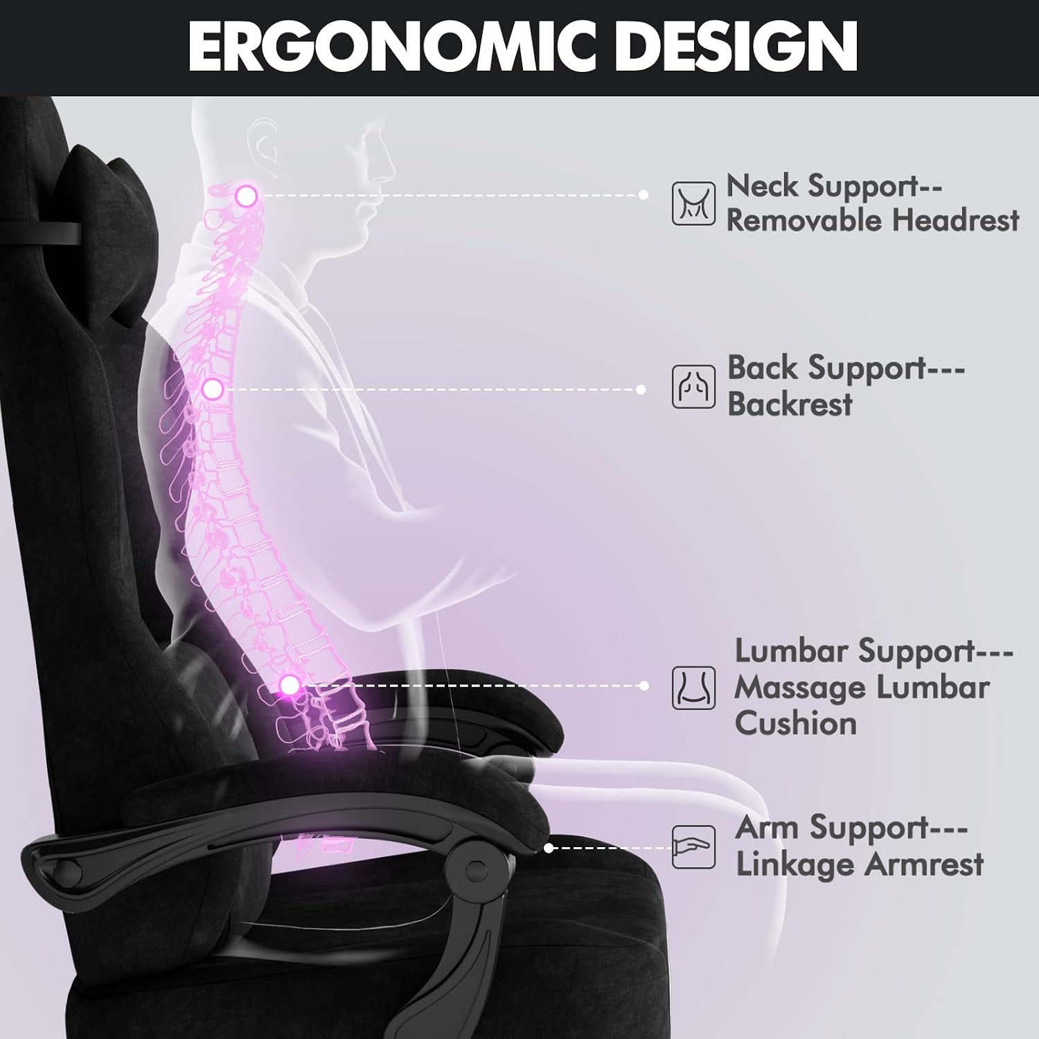 Soontrans Black Velvet Fabric Gaming Chairs with Footrest, Ergonomic Comfortable Video Gamer Chair, Reclining Office Computer Desk Game Chairs with Massage Lumbar Cushion,Headrest for Adult