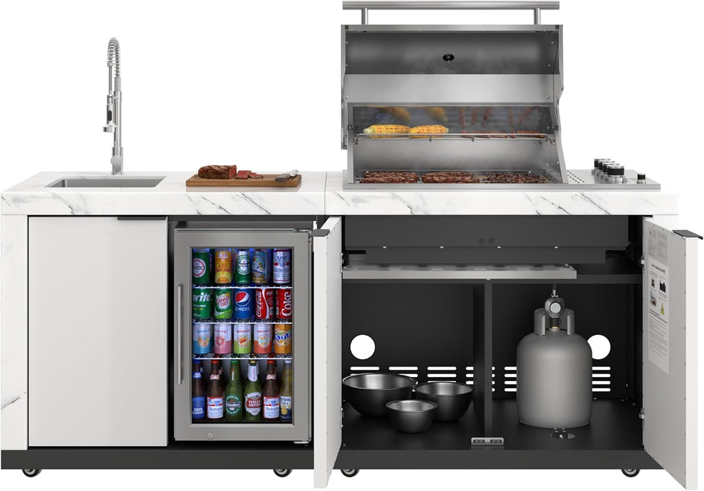 KoolMore Reserve 83 in. Outdoor Kitchen Suite with White Stone Counters and Sides, 4-Burner Grill, Stainless Steel Sink and Faucet