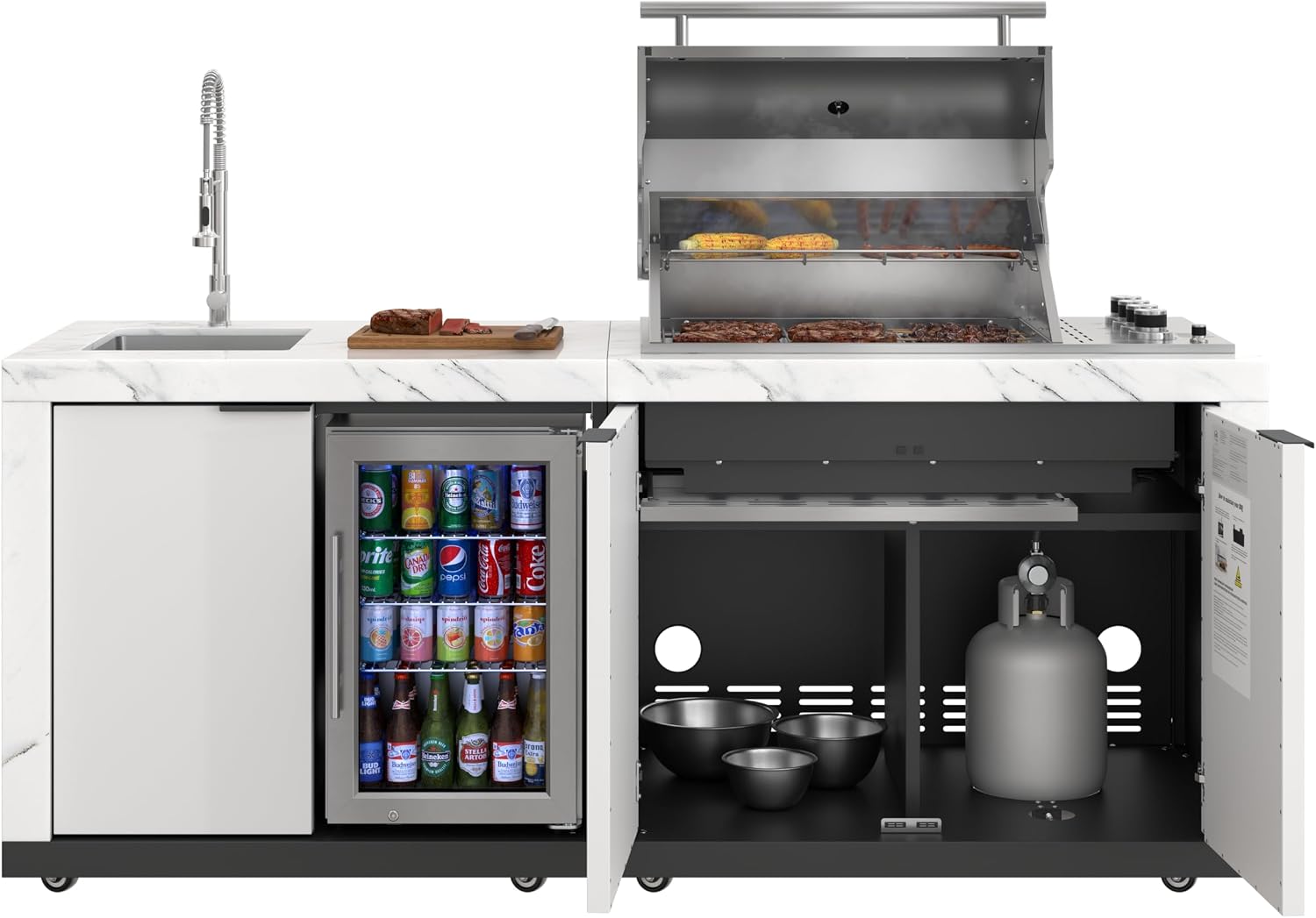 KoolMore Reserve 83 in. Outdoor Kitchen Suite with White Stone Counters and Sides, 4-Burner Grill, Stainless Steel Sink and Faucet