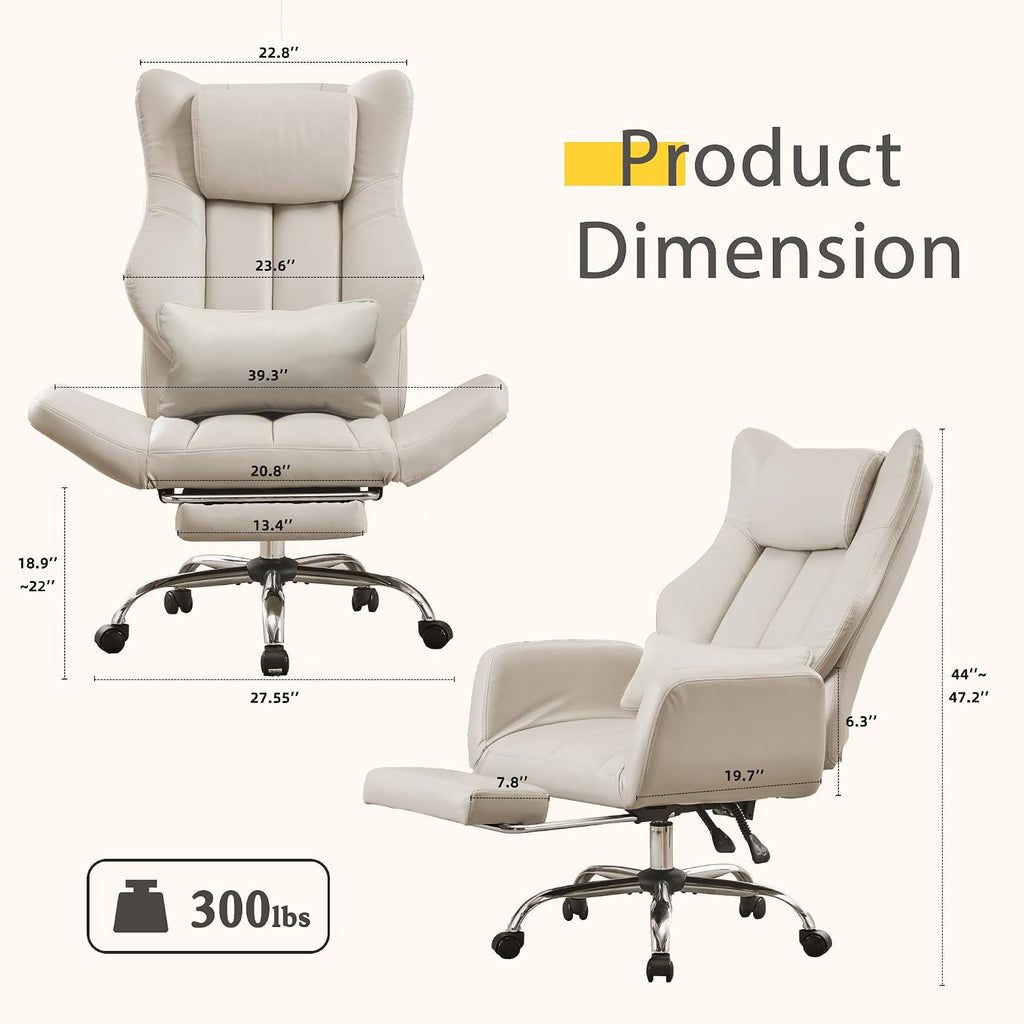 Ergonomic Cross Legged Office Chair with Footrest,Leather Big and Tall Executive Chair with Wheels,Reversible Armrest and Lumbar Pillow,155° Reclining Computer Wide Desk Chair for Home,Office (Beige)