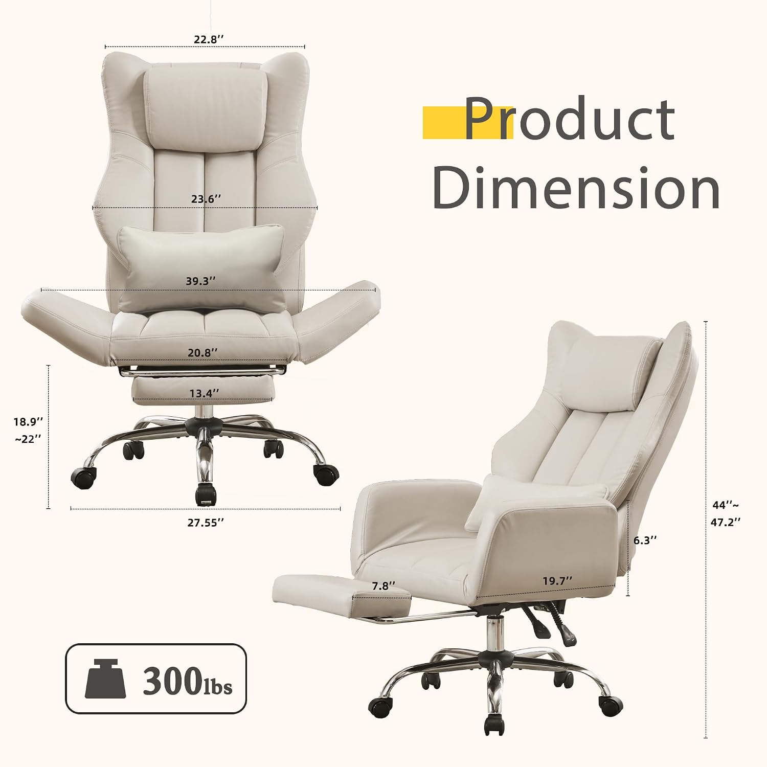 Ergonomic Cross Legged Office Chair with Footrest,Leather Big and Tall Executive Chair with Wheels,Reversible Armrest and Lumbar Pillow,155° Reclining Computer Wide Desk Chair for Home,Office (Beige)