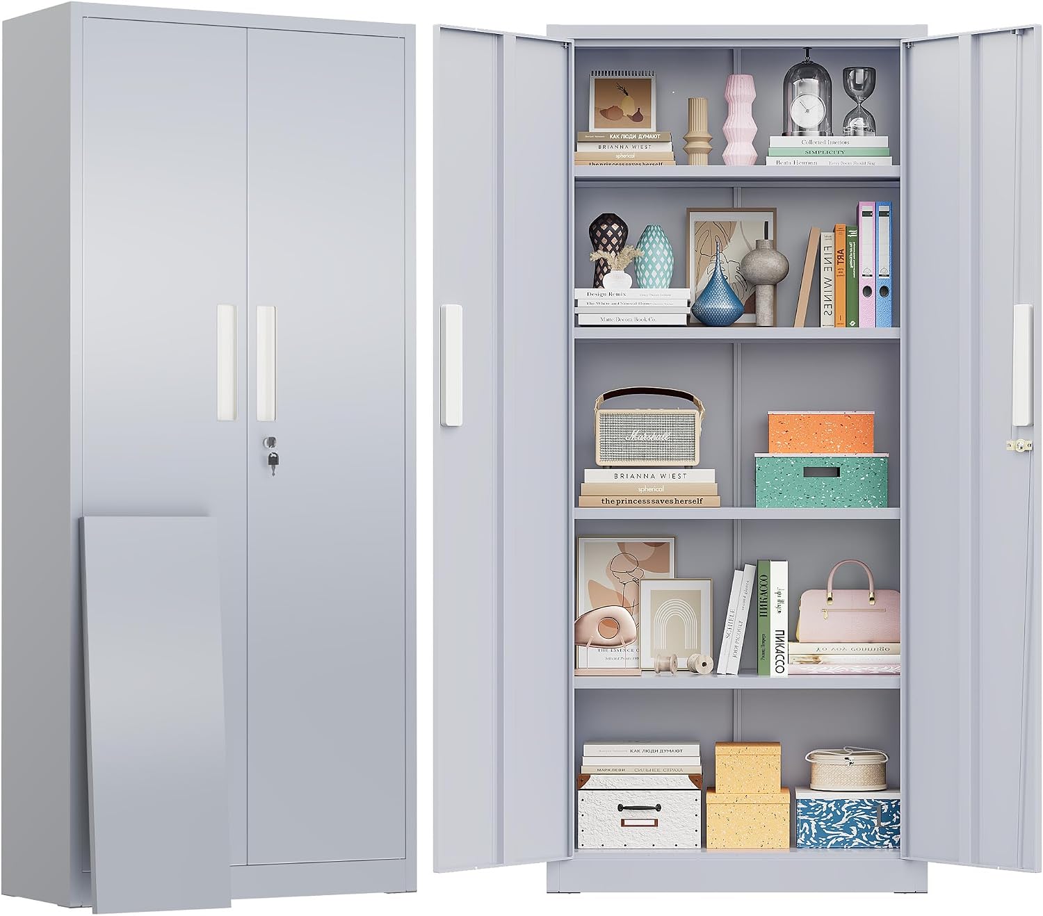 Superday 63' Lockable Steel Storage Cabinet, Locking Metal Storage Cabinets, Tall Grey Cabinet with 2 Doors and 4 Adjustable Shelves for Garage, Home Office, Classroom, Pantry, File