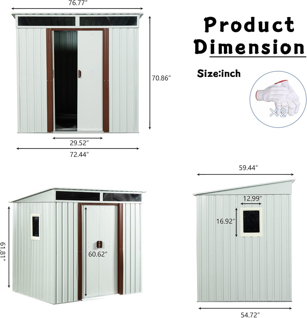 JT 6X4.5FT Outdoor Storage Shed, Galvanized Metal Garden Shed with Window and Metal Foundation, Tool Storage Shed for Patio Lawn Backyard (White-with The window-6ftx4.5ft)