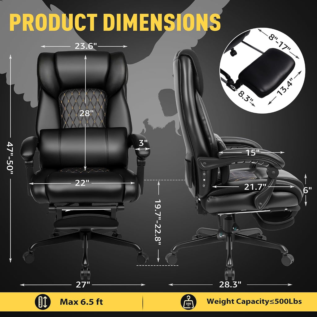 3D Kneading Massage Office Chair with Heat, 500 lbs Big and Tall Executive Computer Desk Recliner, Leather Electric Heated Chair with Footrest, Black