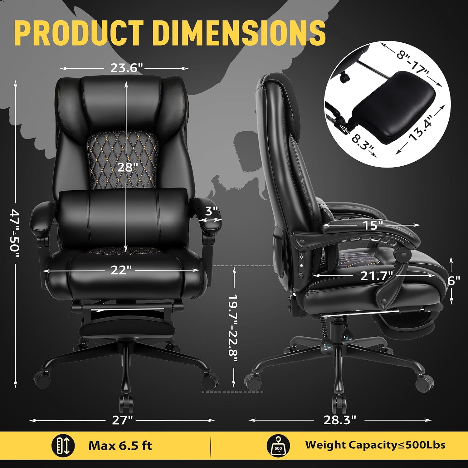 3D Kneading Massage Office Chair with Heat, 500 lbs Big and Tall Executive Computer Desk Recliner, Leather Electric Heated Chair with Footrest, Black