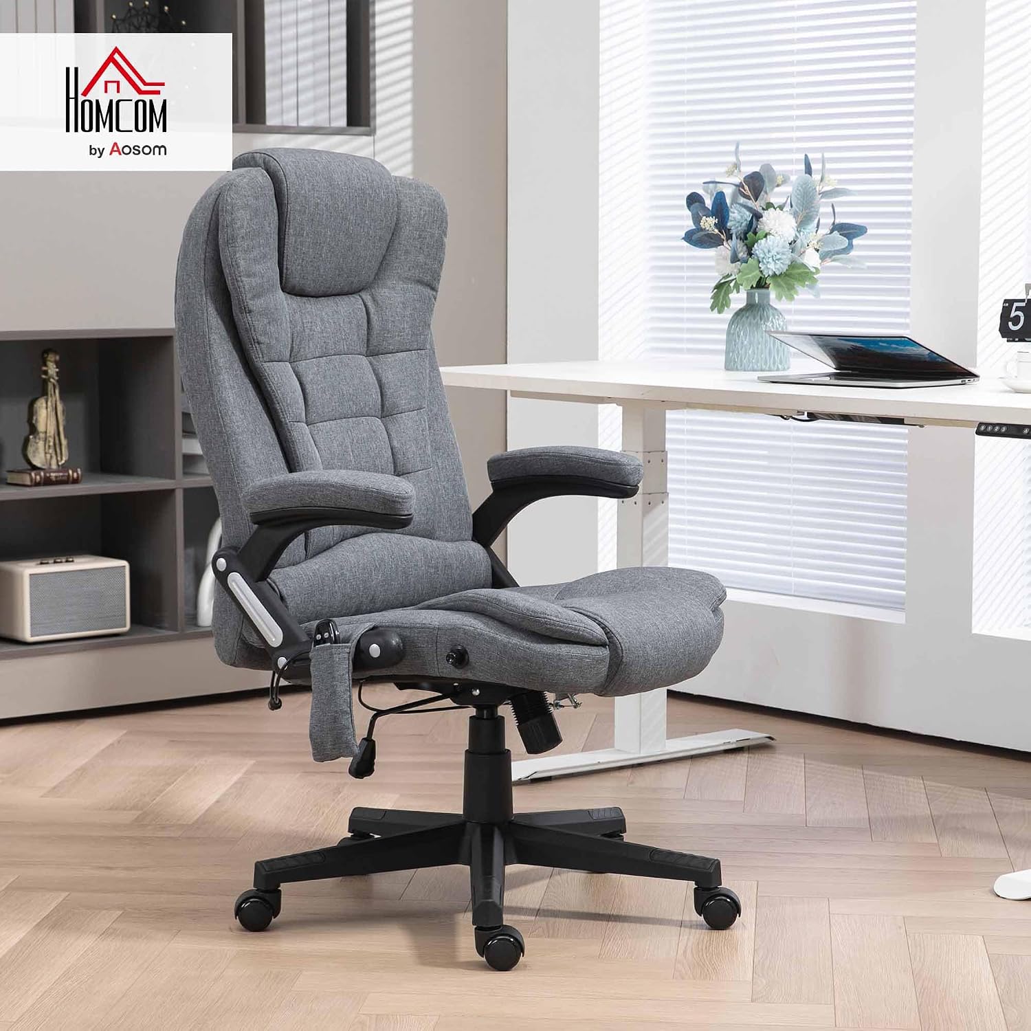Vinsetto 6 Point Vibrating Massage Office Chair with Heat, Linen High Back Executive Office Chair with Reclining Backrest, Padded Armrests and Remote, Gray