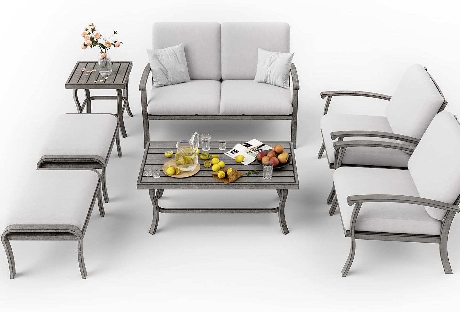 HAPPATIO 7 Piece Aluminum Patio Furniture Set, Outdoor Armchairs with Ottomans and Loveseat, Outdoor Sectional Sofa with Side Table and Coffee Table, Garden Conversation Set for Lawn(Gray)