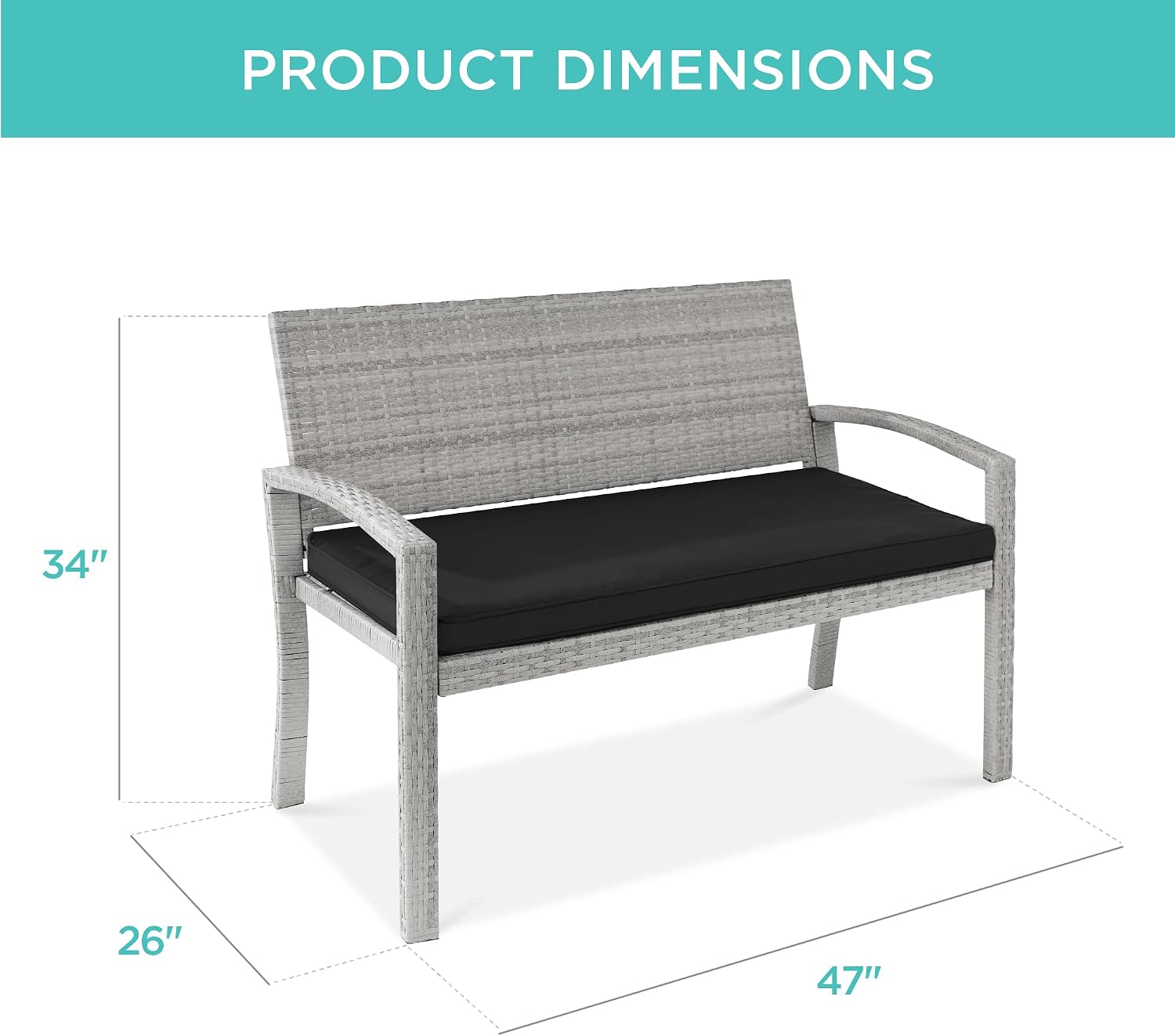 Best Choice Products Outdoor Bench 2-Person Wicker Garden Patio Benches Seating Furniture for Backyard, Porch w/Seat Cushion, 700lb Capacity - Gray/Black