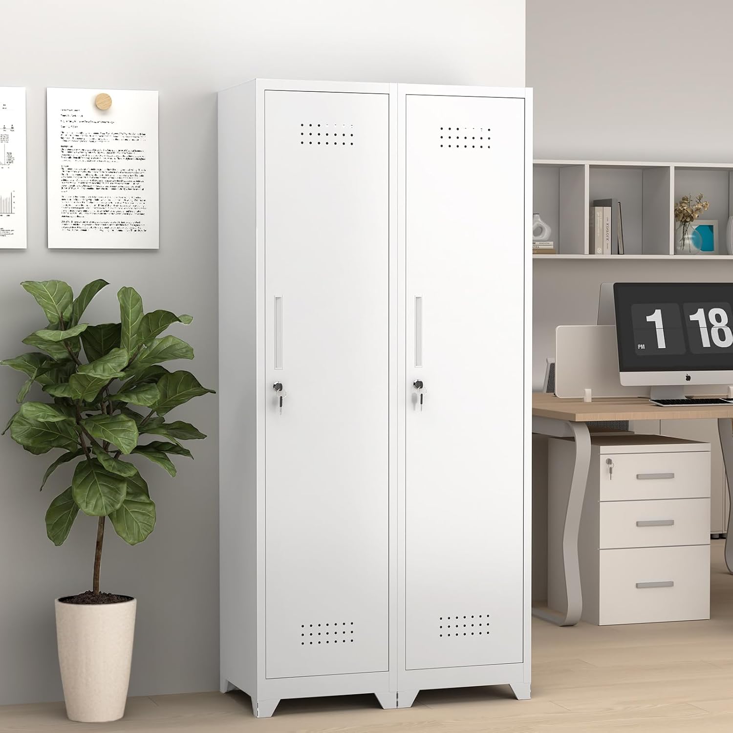 GREATMEET Slim Broom Storage Cabinets, Metal Garage Cabinet with Shelves and Hanging Rod, White Utility Cabinet with Locking Door, Slim Cabinet for Small Spaces Cleaning Supplies, Shop