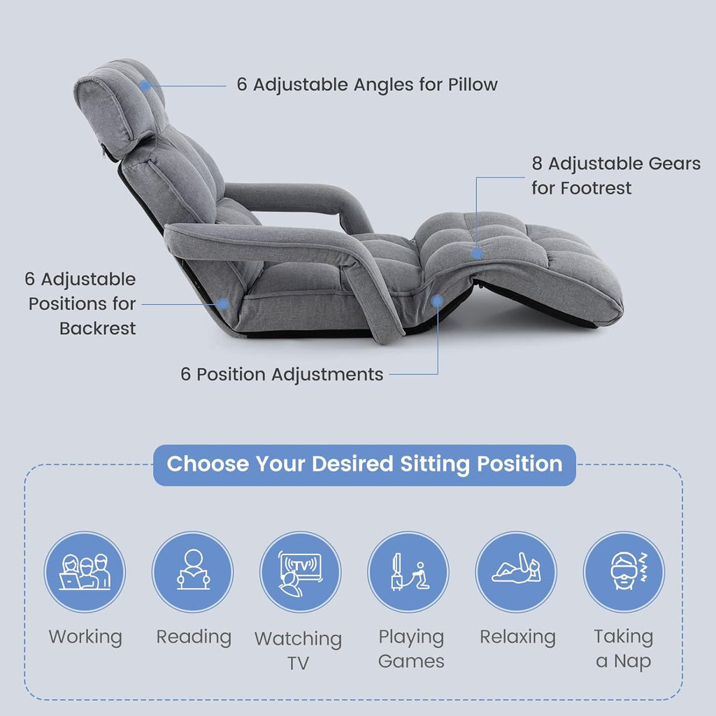Giantex Foldable Lazy Sofa Bed, 6-Position Adjustable Floor Chair Chaise Lounge with Armrest and Footrest, Padded Gaming Recliner for Reading Living Room Bedroom Indoor (Gray)