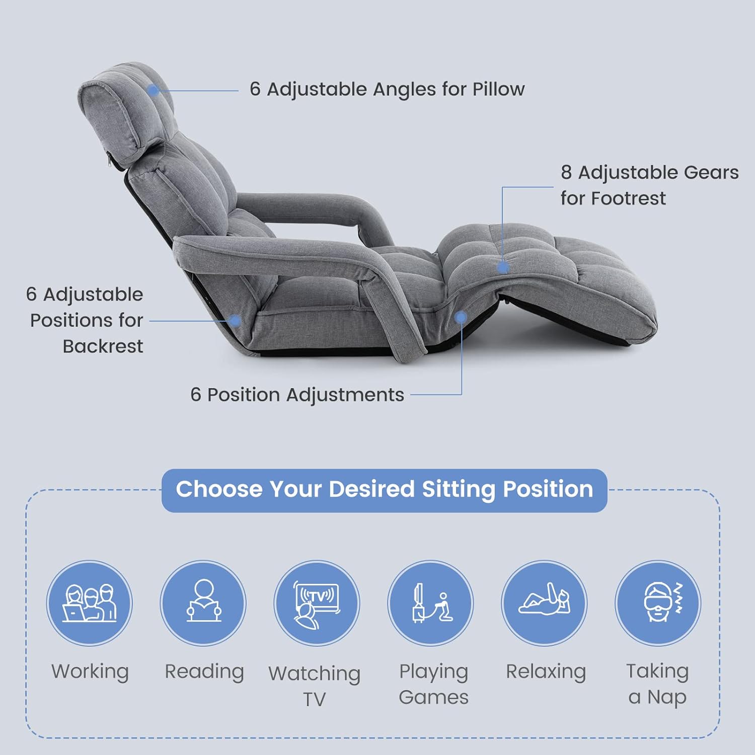 Giantex Foldable Lazy Sofa Bed, 6-Position Adjustable Floor Chair Chaise Lounge with Armrest and Footrest, Padded Gaming Recliner for Reading Living Room Bedroom Indoor (Gray)