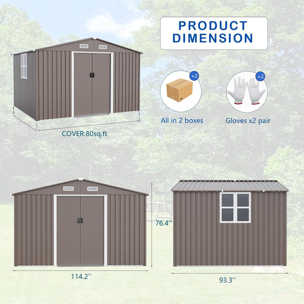 ALAULM 10'x8' Outdoor Storage Shed Outdoor Galvanized Metal Tool Shed with Vents & Sliding Door, Waterproof Garden Shed for Patio,Lawn,Backyard to Store Bikes,Tools-Brown
