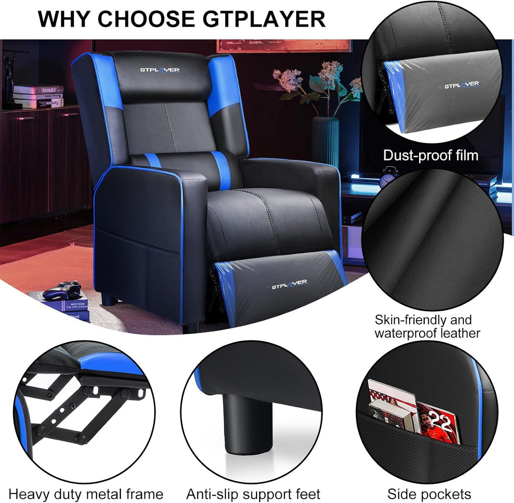 GTPLAYER Gaming Recliner Chair for Living Room Racing Style Single PU Leather Gaming Sofa for Adults Modern Game Recliners Ergonomic Comfortable Home Theater Seating, Blue