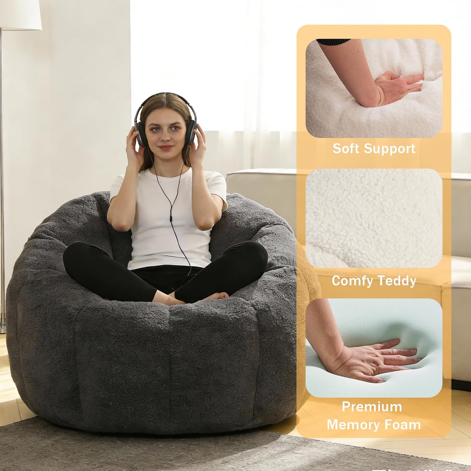 Bean Bag Chair Gaming Sofa for Adults & Kids, Big Beanbag Chairs Reading Couch with Ergonomic Armrests, Oversized Memory Foam Lounge Chair for Living Room/Bedroom, Dark Gray