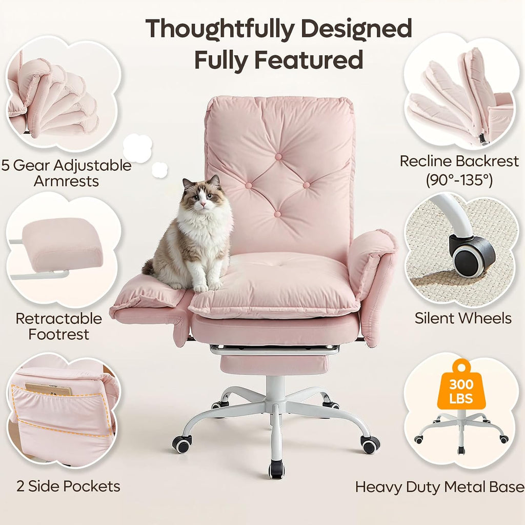 Bestier Criss Cross Office Chair with Flip-Up Armrests, High Back Executive Chair with Footrest & Wheels, Cross Legged Desk Chair for Home Office, Pink Velvet