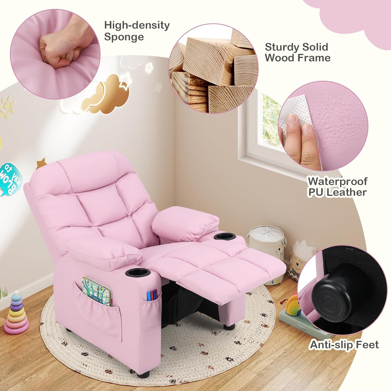 MAT EXPERT Kids Recliner, Leather Adjustable Reading Gaming Chair w/ 2 Cup Holder, 3 Side Pocket Storage & Footrest, Kids Couch,Toddler Recliner Sofa for Boys Girls, Kids Room Playroom Nursery (Pink)