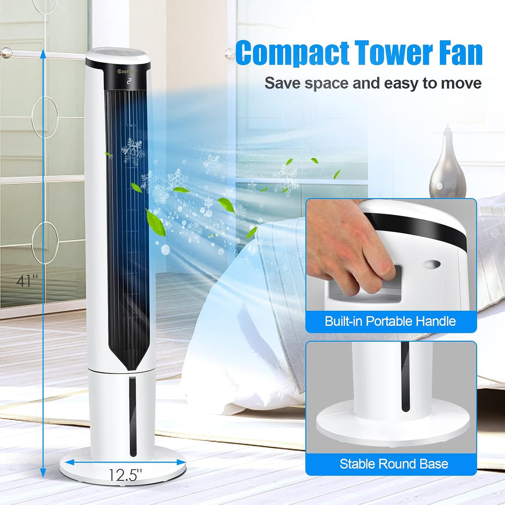 COSTWAY Evaporative Air Cooler, 41-inch Portable Oscillating Air Cooler with Remote, 3 Modes, 3 Speeds, LED Display, 9H Timer Auto-off, Quiet Standing Bladeless Tower Fan for Bedroom Home Office