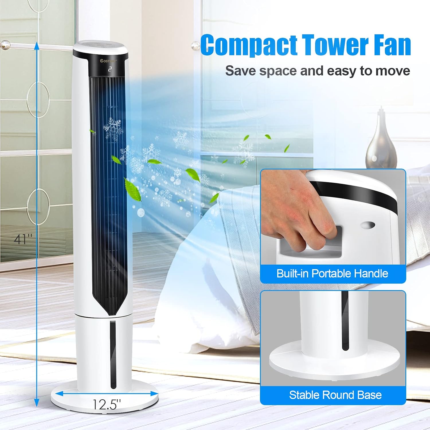 COSTWAY Evaporative Air Cooler, 41-inch Portable Oscillating Air Cooler with Remote, 3 Modes, 3 Speeds, LED Display, 9H Timer Auto-off, Quiet Standing Bladeless Tower Fan for Bedroom Home Office