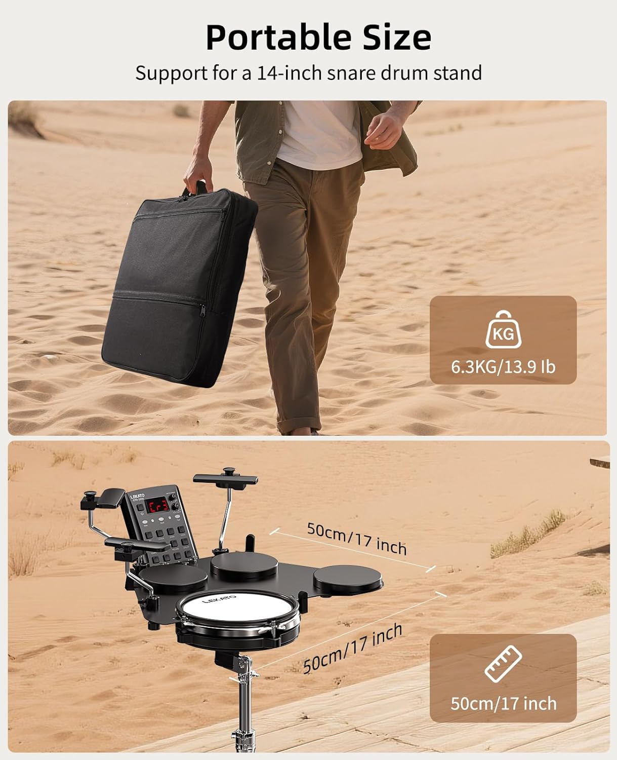 LEKATO CPD-1000 Electronic Drum Set with Quiet Mesh Pads, Portable Electric Drum Set, 220+ Sounds, USB MIDI, 2 Robust Footswitch, Sticks, Travel Bag