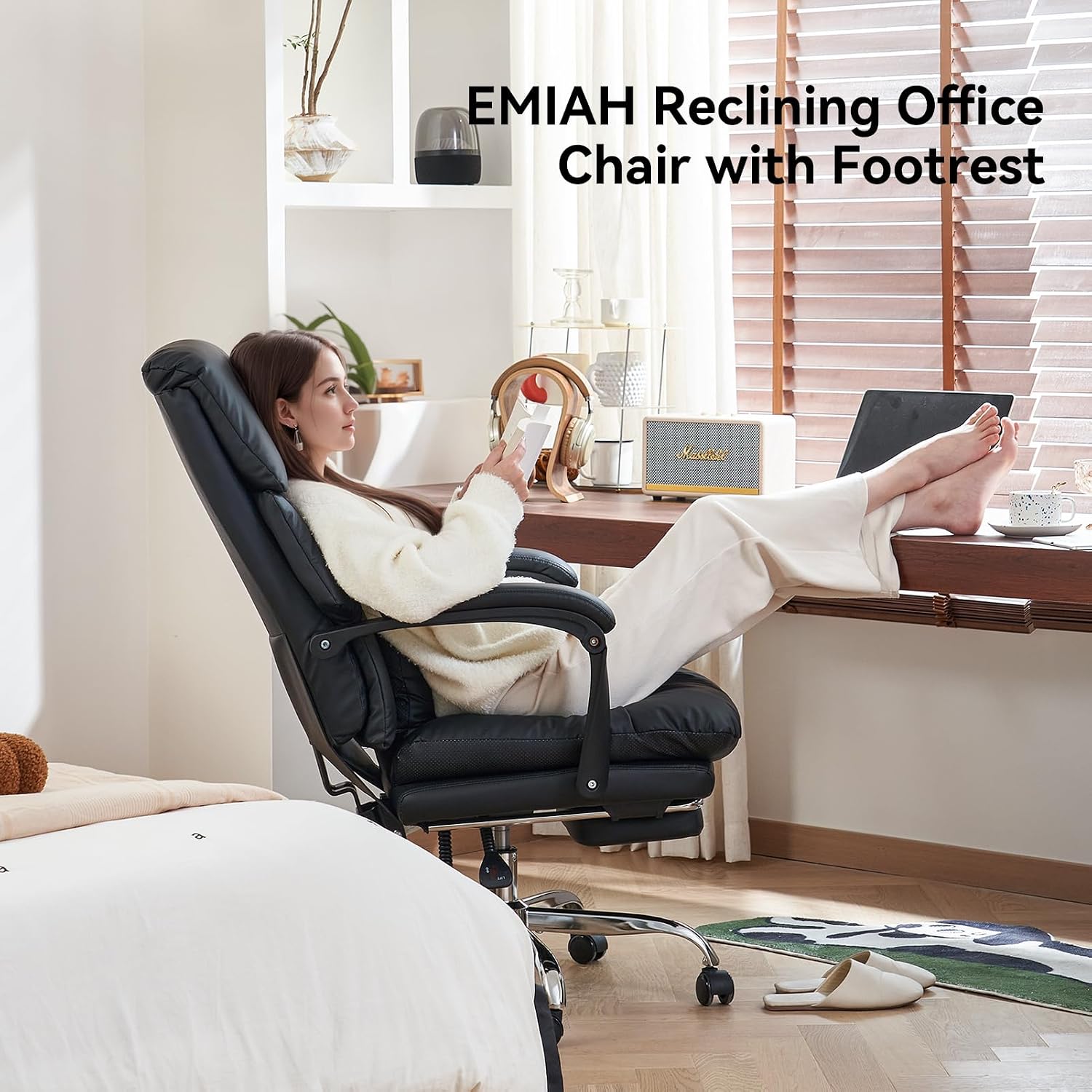 EMIAH Heated and Massage Office Chair with Foot Rest, Executive Office Chair Reclining High Back PU Leather Comfy Swivel Computer Desk Chairs with Wheels and Lumbar Support for Home Office，Black