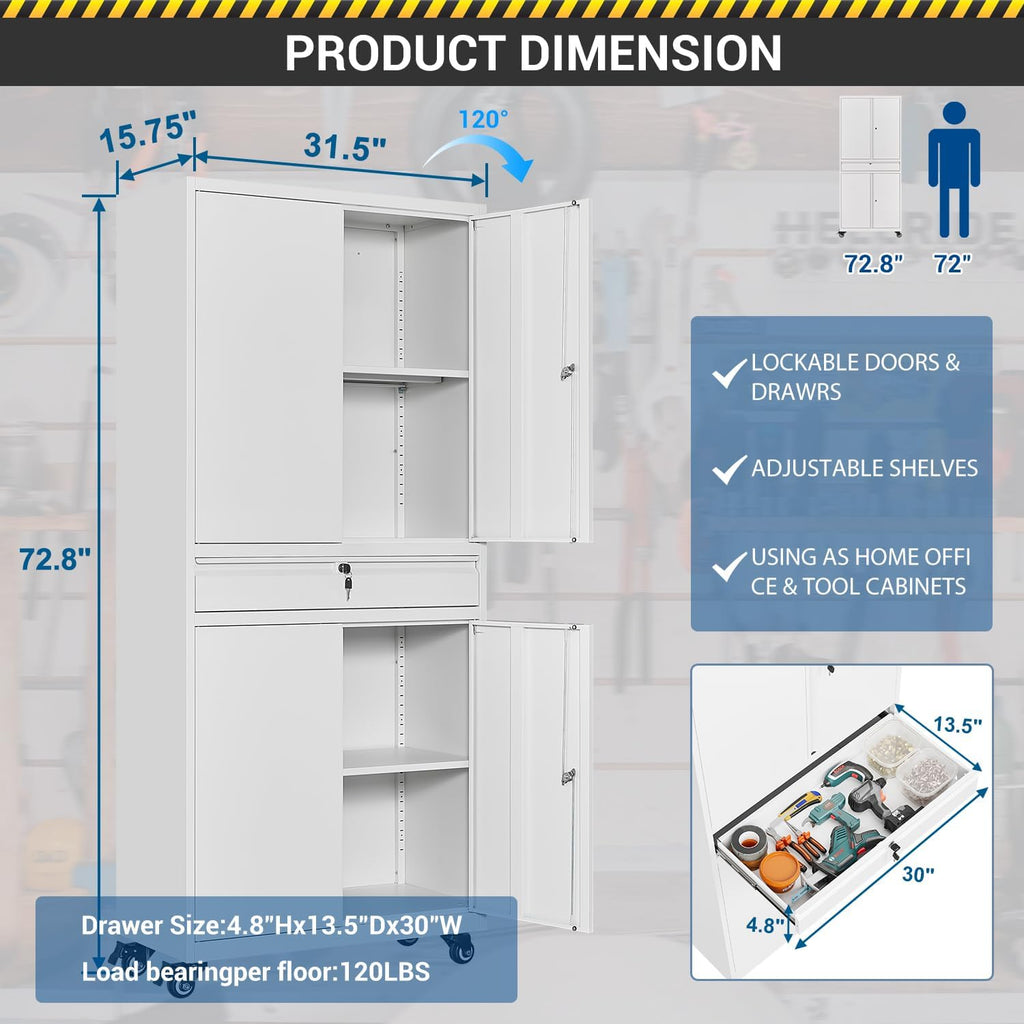 Fesbos 73' Metal Cabinet-White Heavy Duty Rolling Storage Cabinet Steel Tool Cabinets with Wheels, Shelves, Lockable Doors and Drawers- for Garage, Pantry, Warehouse Home Office- Assembly Required