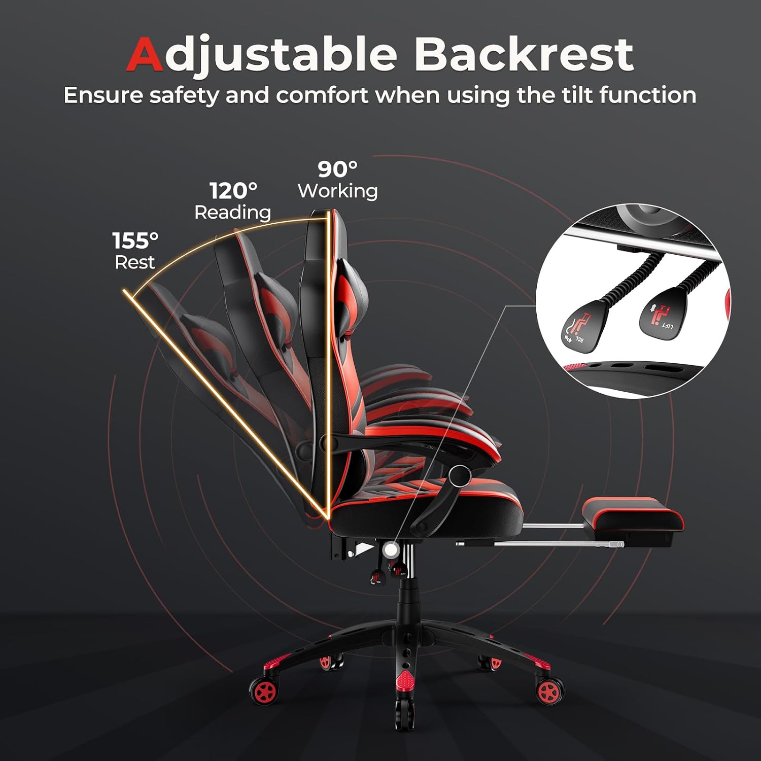 POWERSTONE Gaming Chair Video Game Chair with Footrest and Lumbar Support Racing Style PU Leather Computer Chair Ergonomic Adjustable Swivel Task Chair Red