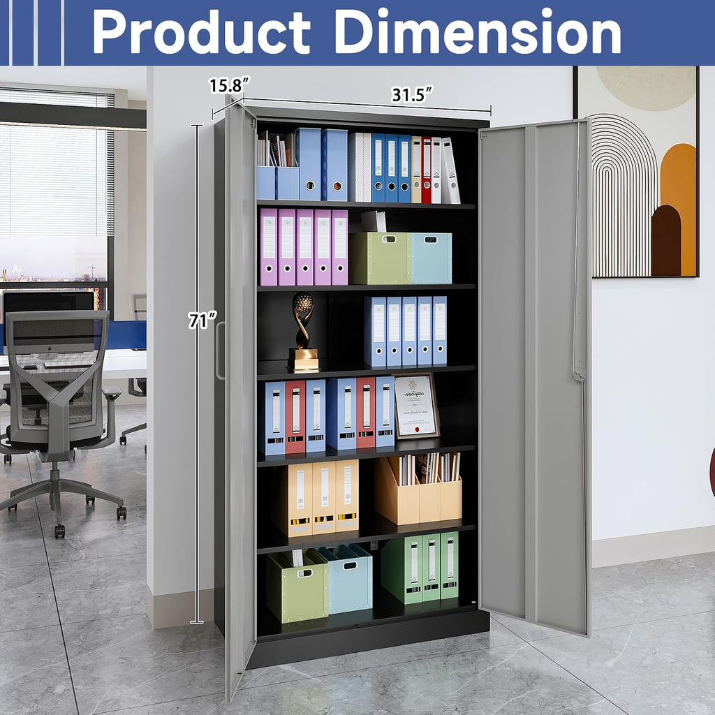 Metal Garage Storage Cabinet, 71/ inchs Locking Storage Cabinet with 2 Doors and 4 Adjustable Shelves, Lockable Metal Cabinet for Office,Home,Garage,Gym,School（Gray Black） SC9005D
