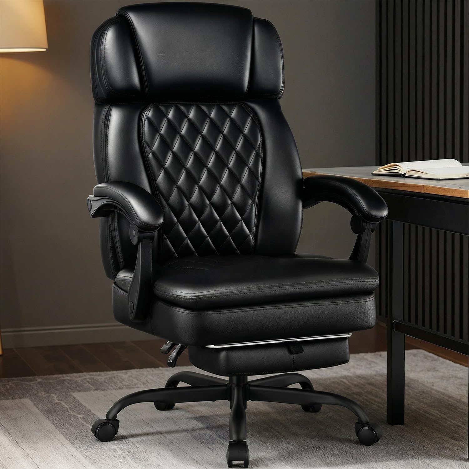 400lbs Executive Office Chair with Foot Rest for Heavy People, Ergonomic Big and Tall Desk Chair with Adjustable Headrest, High Back PU Leather Comfy Heavy Duty Computer Chair with Spring Cushion