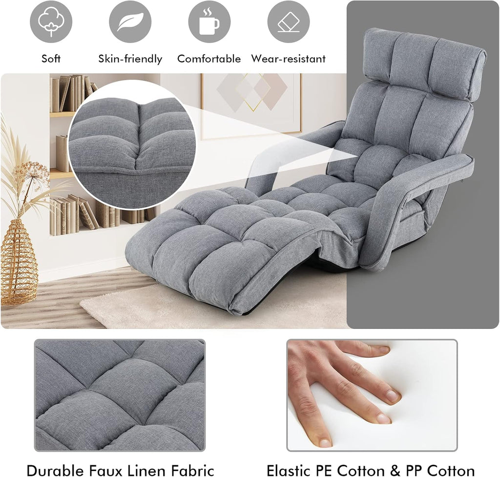 Moccha Floor Chairs for Adults, Adjustable 6-Position Floor Lounger w/Adjustable Armrests, Backrest & Footrest, No Assembly Folding Lazy Sofa Chair for Gaming, Light Weight Chaise Lounge
