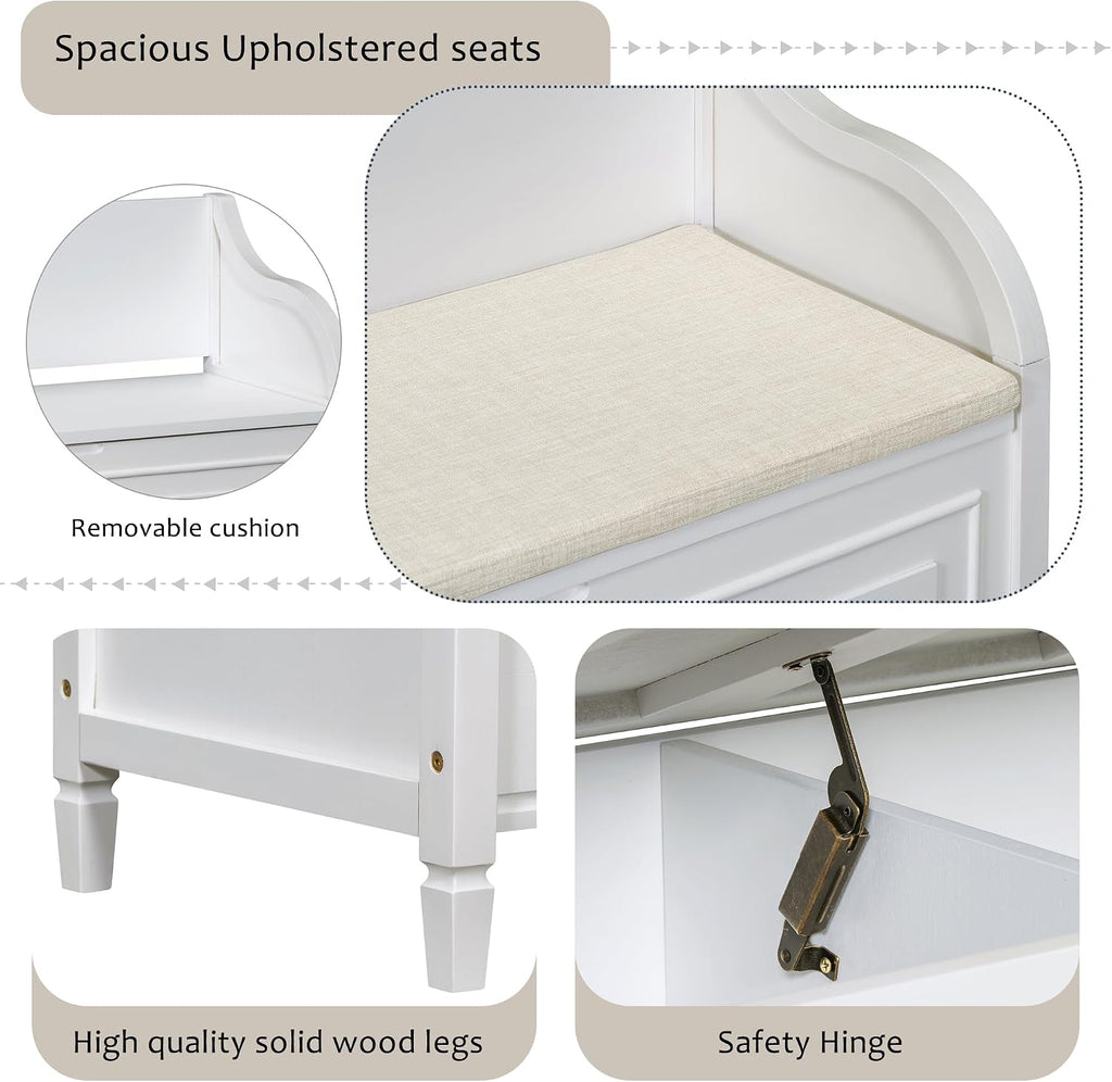 Bellemave Storage Bench with Safety Hinge Wooden Entryway Benches with Shoe Cabinets Under Seat Multifunctional Storage Bench for Entryway, Foyer or a Mudroom (White + Beige)