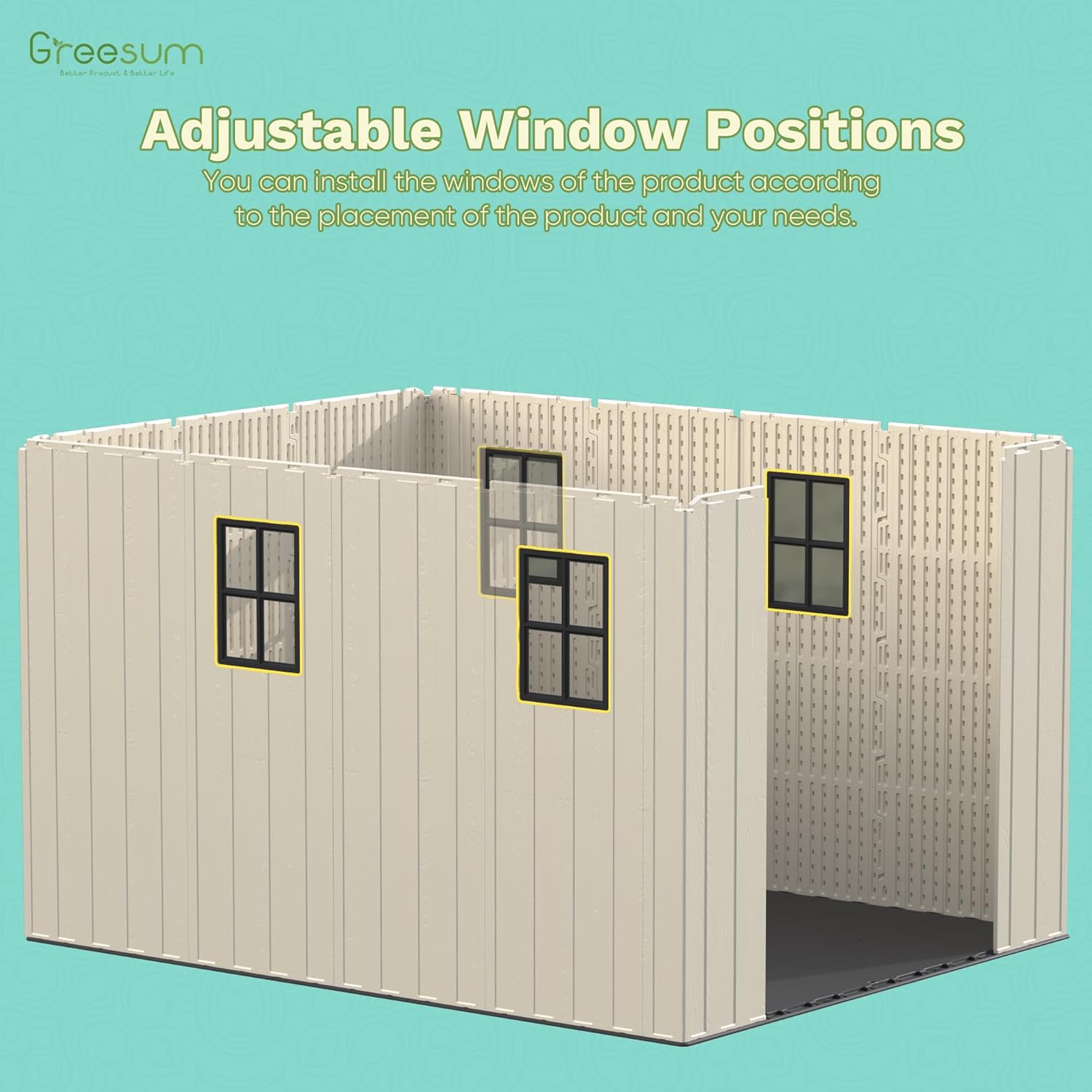 Greesum 8×10 FT Plastic Outdoor Storage Shed with Floor, Resin Sheds with Window and Lockable Door, Weather Resistant Organization for Garden, Lawn, Pool Supplies, Beige