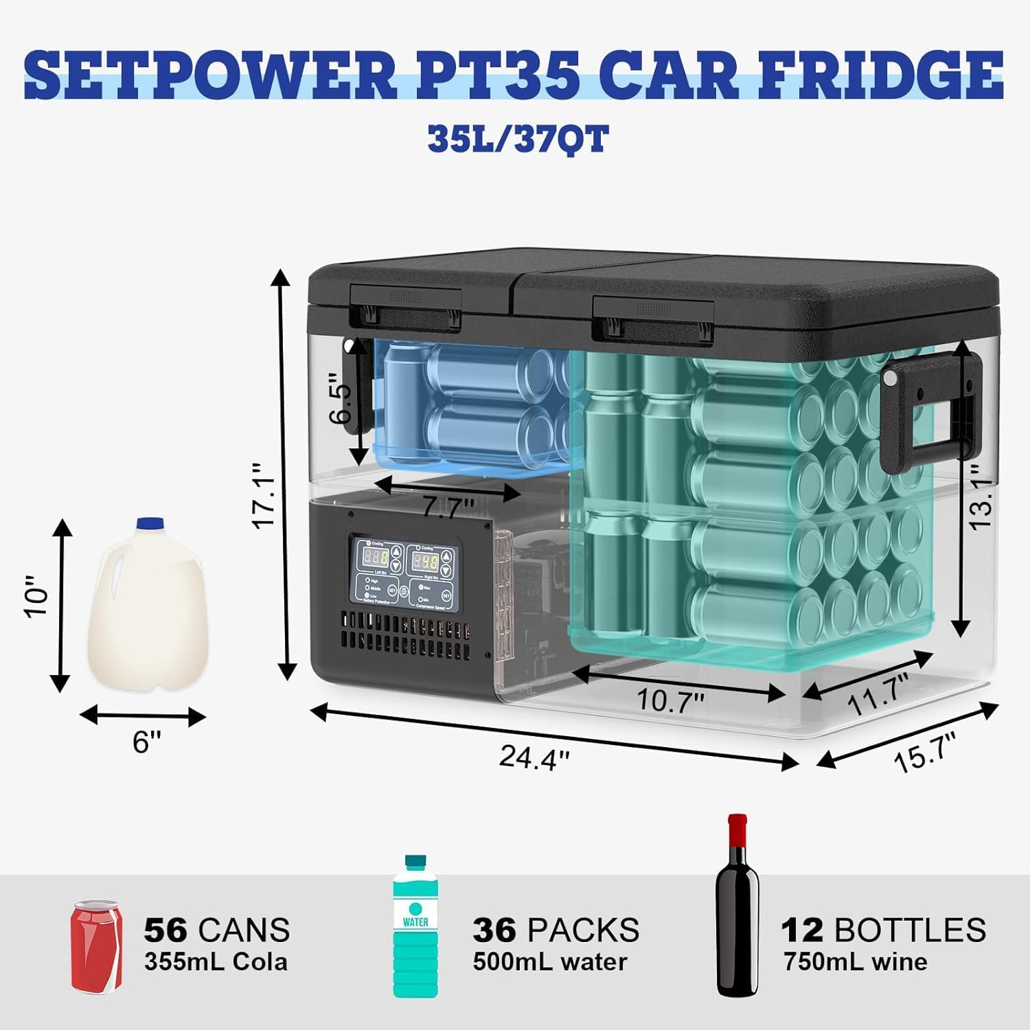 Setpower PT35 Car Refrigerator with Slide,35L Dual Zone Portable Freezer,0℉-50℉,12 Volt Refrigerator Electric Cooler for Car Camping, RV,Truck,Vehicles,Travel and Home Use,12/24V DC