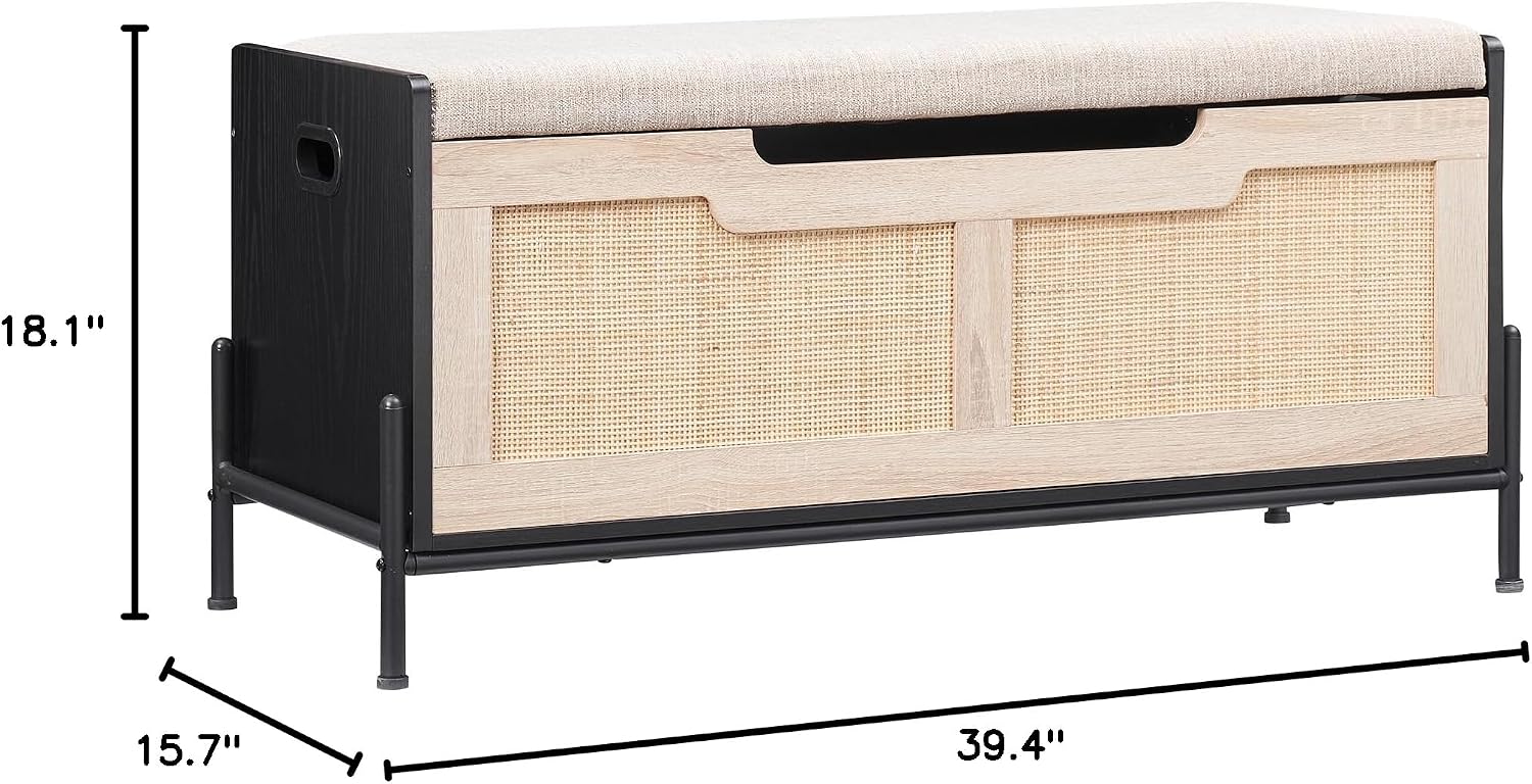 GAOMON 39.4' Storage Benches Rattan Entryway Bench with Cushion, 2 Safety Hinges, Storage Trunk, Shoe Bench Storage Chest for Entryway, Living Room, Bedroom, Oak & Black