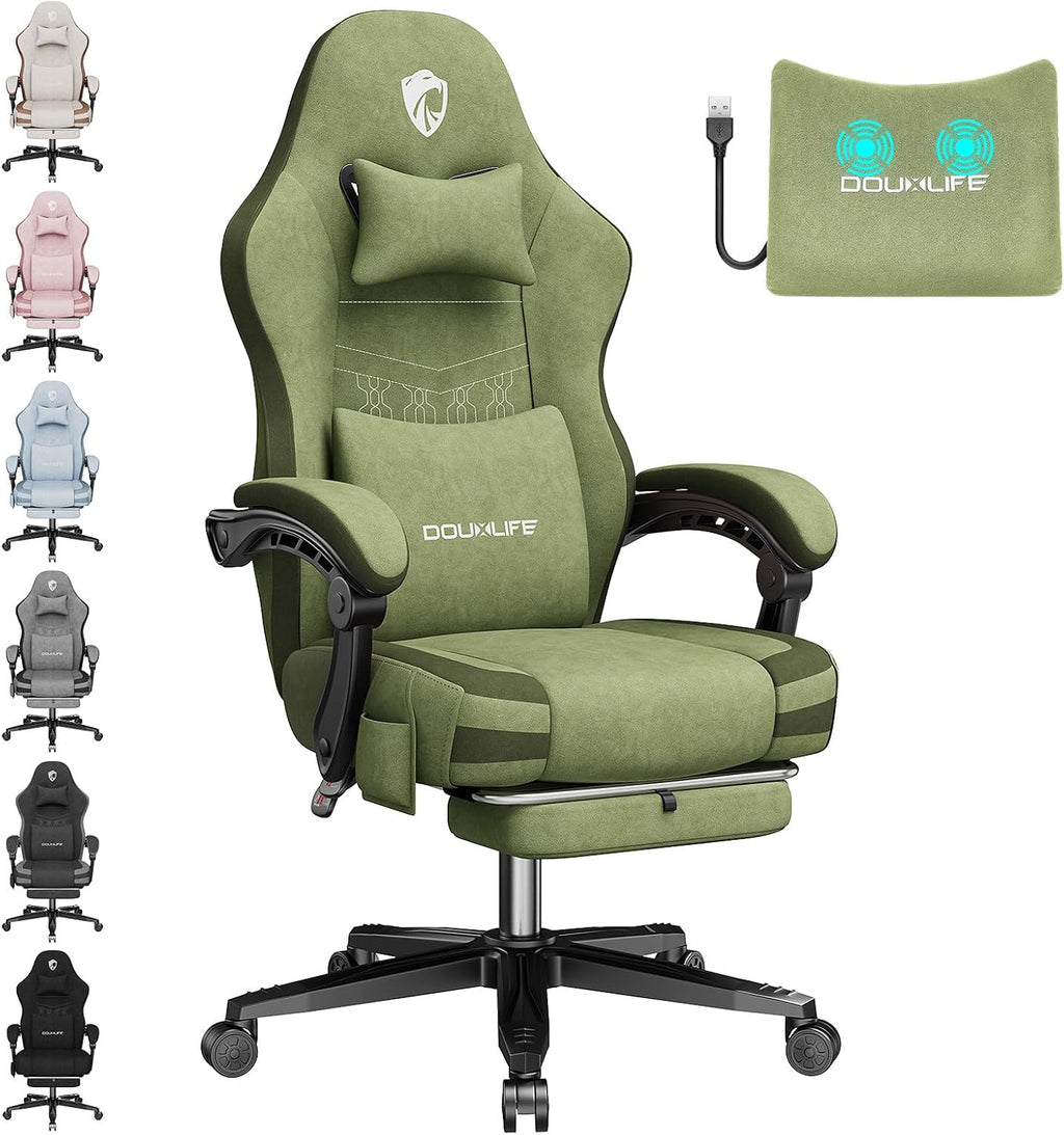 Gaming Chair, Fabric Computer Office Chair with Massage, Ergonomic Chair with Footrest Lumbar Support, Pocket Spring Widened Cushion Metal Legs 350LBS Dark Green