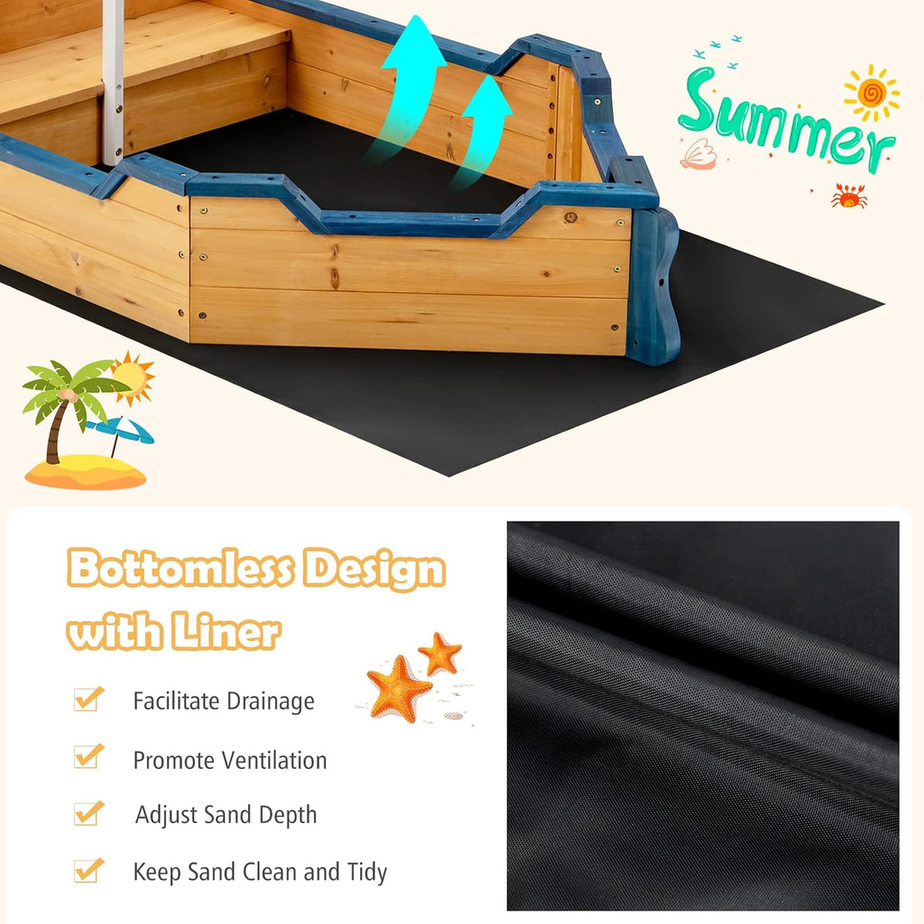 Costzon Pirate Boat Wood Sandbox for Kids, Wooden Pirate Sandpit w/Bench Seat, Storage Space, Ground Liner, Realistic Flag Rudder Buoy, Children Outdoor Playset for Backyard, Home, Lawn, Garden