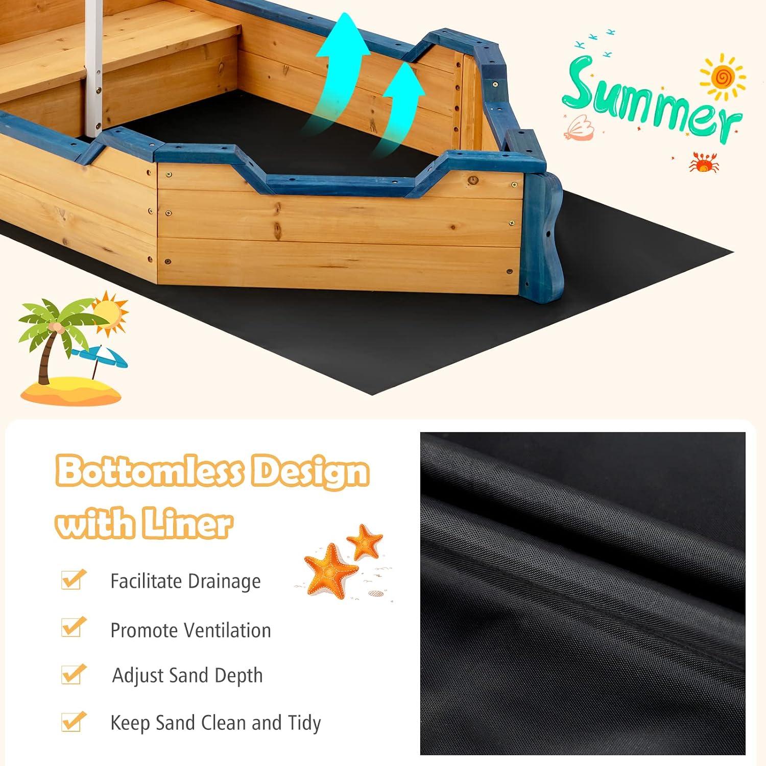 Costzon Pirate Boat Wood Sandbox for Kids, Wooden Pirate Sandpit w/Bench Seat, Storage Space, Ground Liner, Realistic Flag Rudder Buoy, Children Outdoor Playset for Backyard, Home, Lawn, Garden