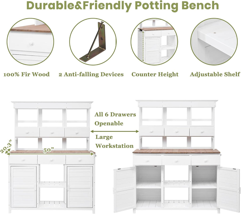 LUMISOL Outdoor Potting Bench Table with Hutch, Solid Fir Wood Patio Storage Workstation with 3 Shelves, 6 Drawers, 2 Bottom Cabinet and Side Hooks for Mudroom, Doorway, White