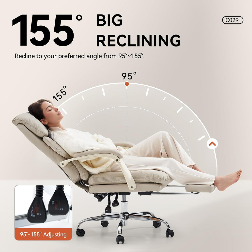 EMIAH Heated and Massage Office Chair with Foot Rest, Executive Office Chair Reclining High Back PU Leather Comfy Swivel Computer Desk Chairs with Wheels and Lumbar Support for Home Office，Beige