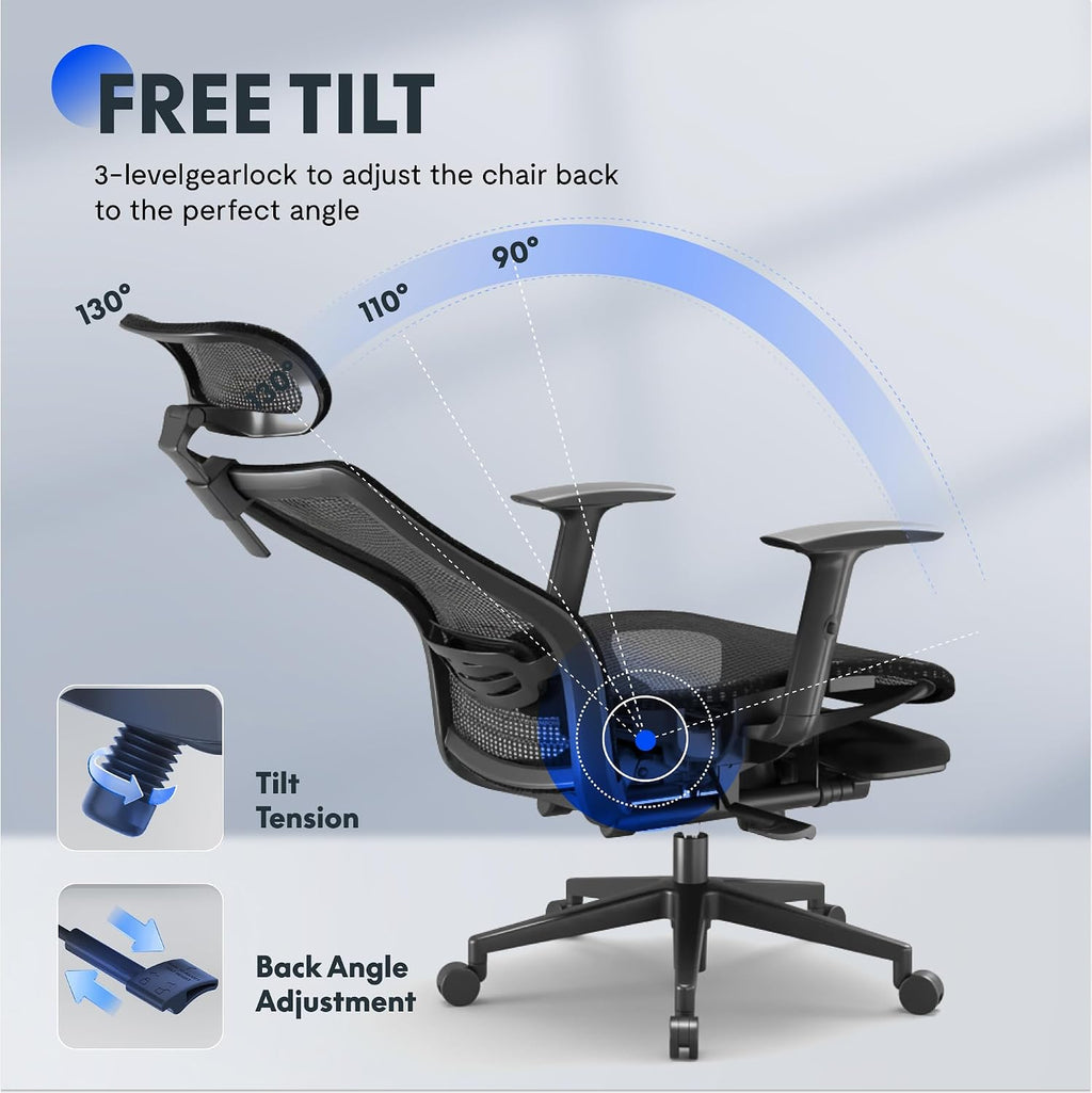 FLEXISPOT OC3 Cloud Ergonomic Office Chair with Footrest, High Back Computer Chair with Adjustable Lumbar Support/2D Headrest, Desk Chairs for Home Office Gaming Working, Black,Foam Seat,Cloud-F