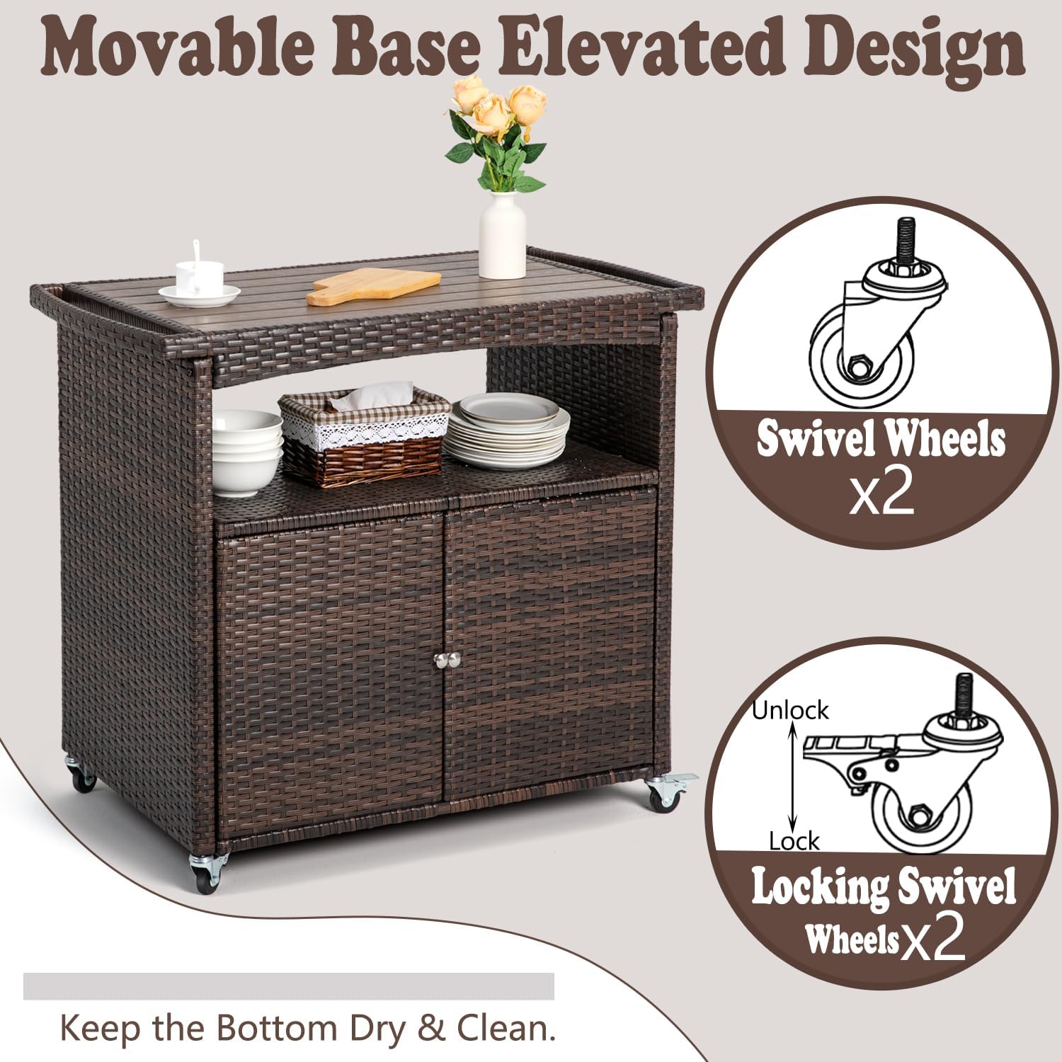 Outdoor Storage Cabinet,Outdoor Cabinet for Patio Bar Cart with Rolling Wheels Patio Bar Table with Storage Wicker Buffet Cabinets prep Table Kitchen Serving Cart with Door,Shelves,Handle Brown