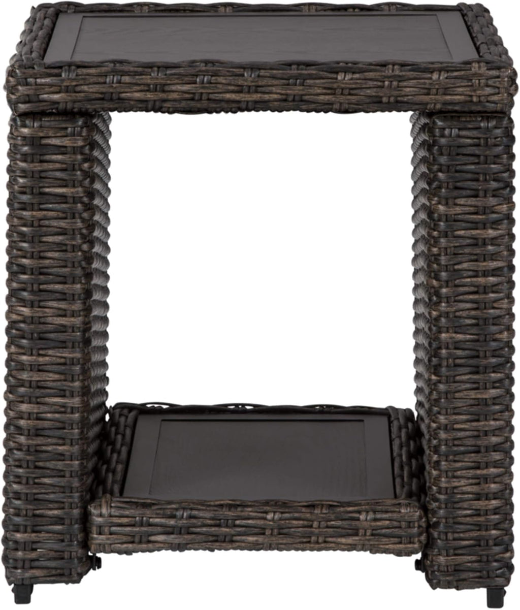 Signature Design by Ashley Grasson Lane Outdoor Rattan Square End Table with Storage, All-Weather Resin Wicker Handwoven Over Durable Aluminum Frame, Aluminum Tabletop and Shelf, 22.25' High, Brown