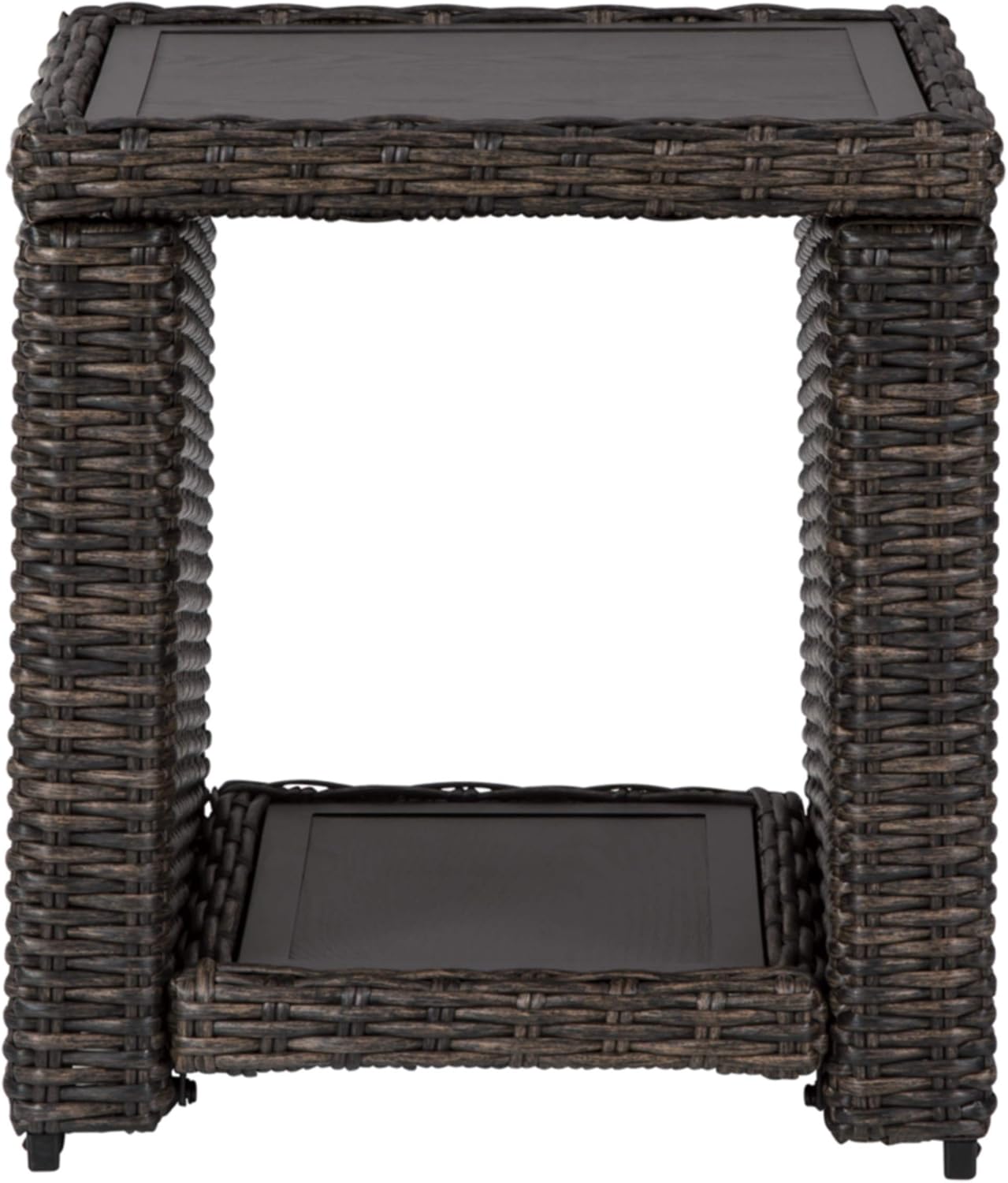 Signature Design by Ashley Grasson Lane Outdoor Rattan Square End Table with Storage, All-Weather Resin Wicker Handwoven Over Durable Aluminum Frame, Aluminum Tabletop and Shelf, 22.25' High, Brown