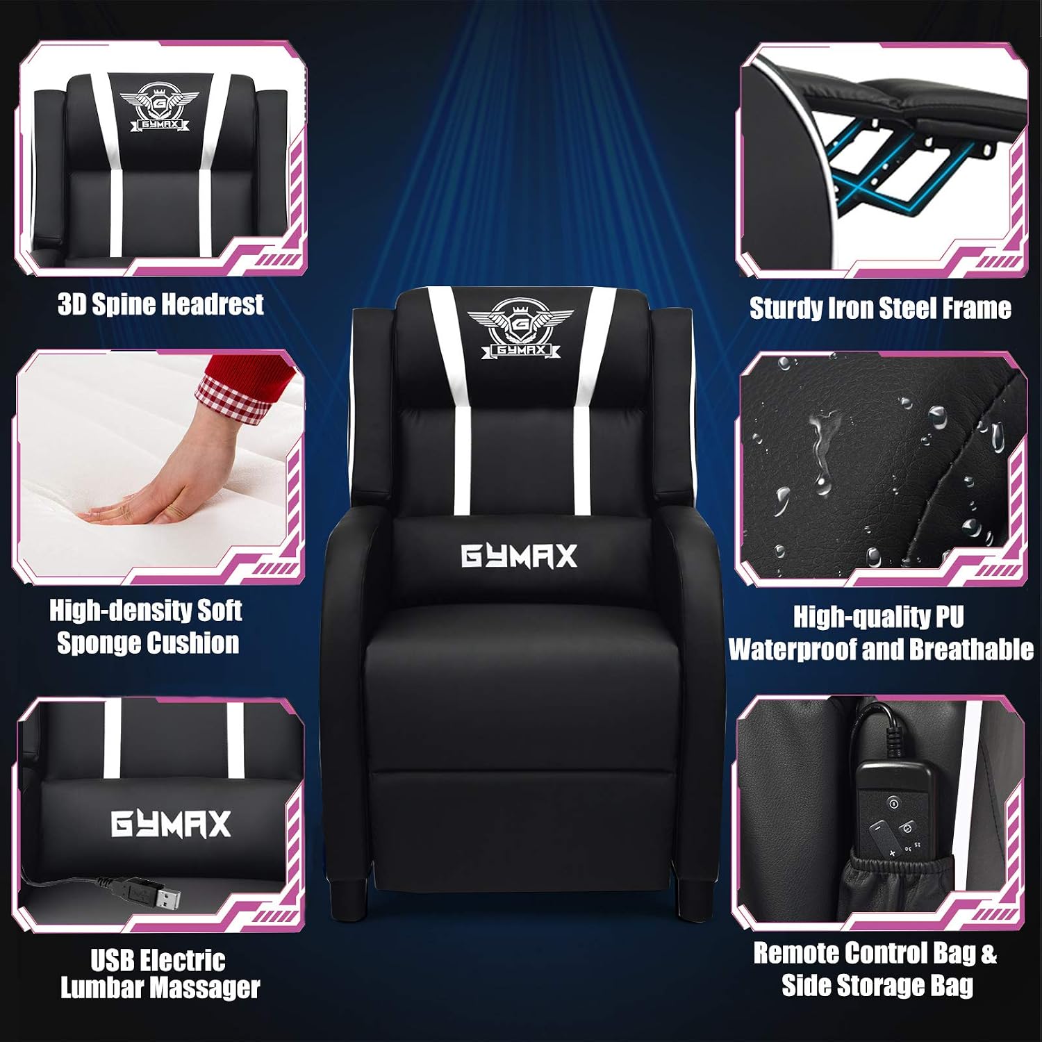 POWERSTONE Gaming Recliner Chair, Reclining Gaming Chairs for Adults Ergonomic Leather Sofa with Footrest Lumbar Support Headrest and Side Pouch for Living Room Home Theater, White