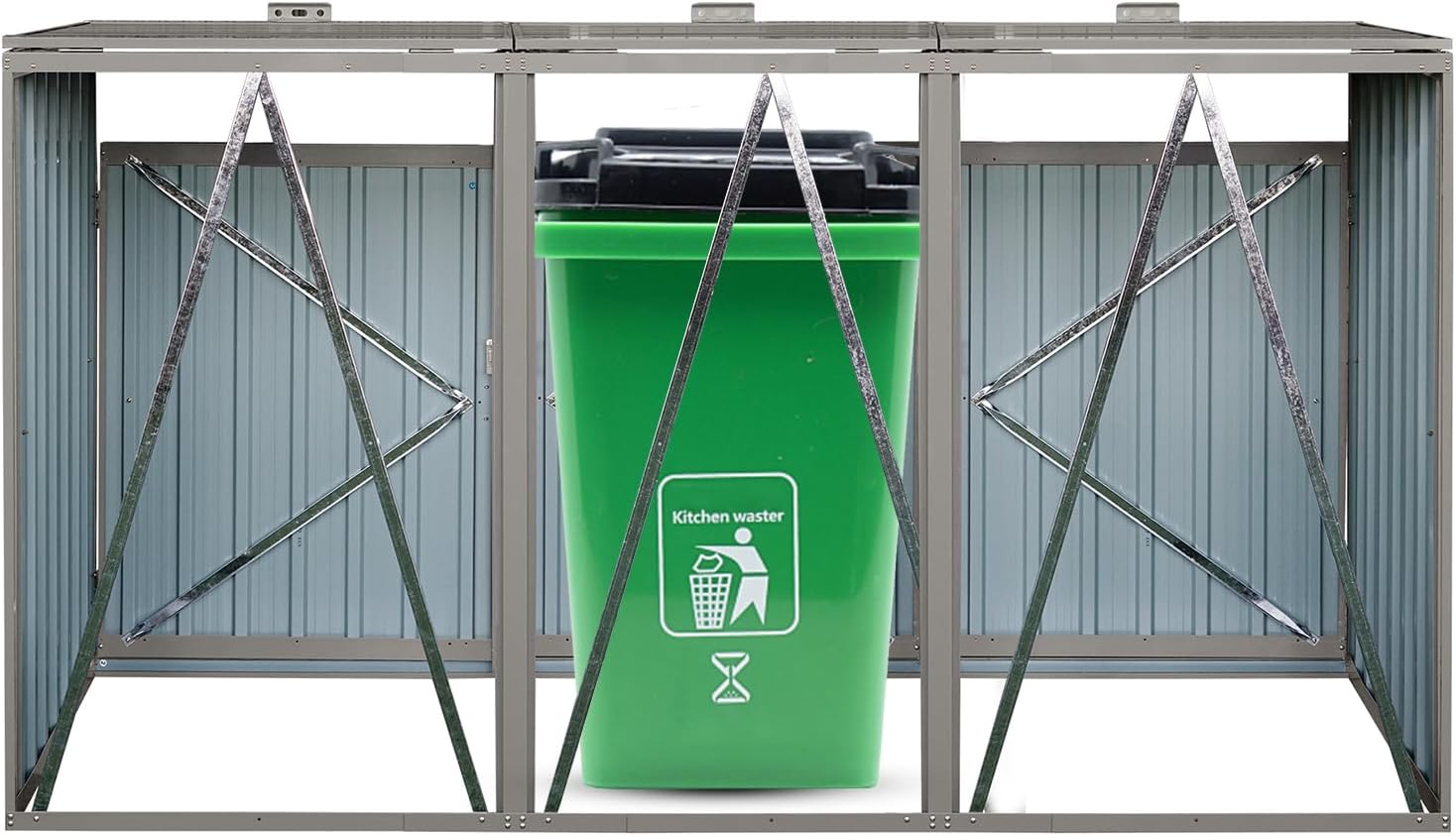 Outdoor Trash Can Storage, Storage Shed for 3 Trash cans and Tools,Waterproof Garbage Bin shed,Metal Trash Can Storage Shed Outdoor for Garden Yard(Light Grey-3 Doors)