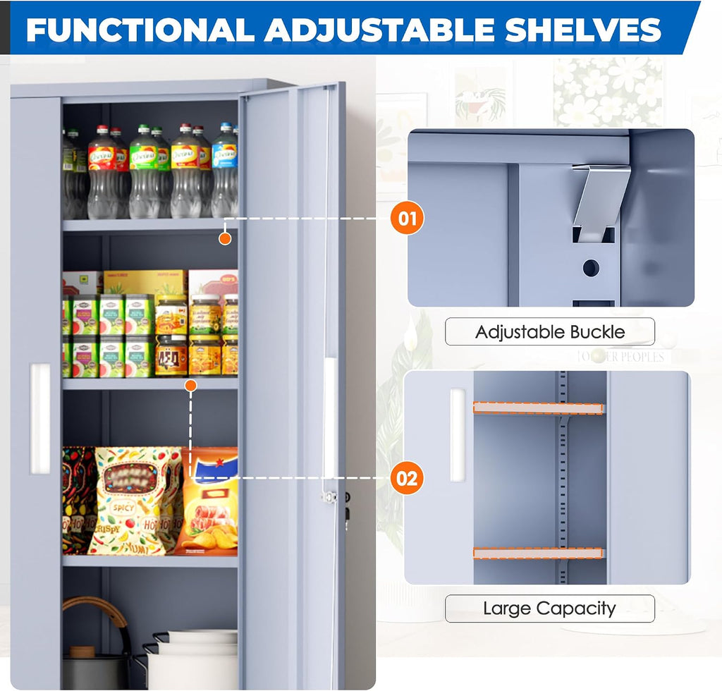 INTERGRAET 63' Pantry Cabinet, Kitchen Pantry Storage Cabinets with 2 Doors and 4 Shelves,Cement Gray Metal Storage Cabinet,Cupboard for Home,Kitchen,Living Room/Dining