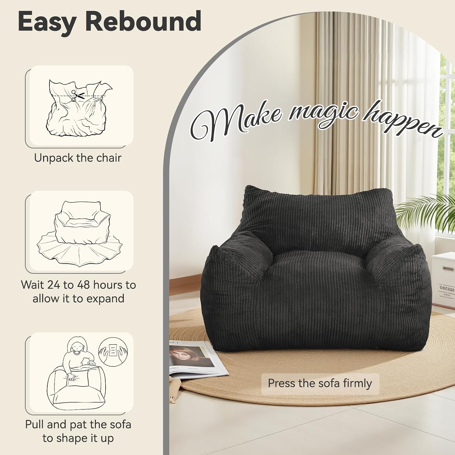 INMOZATA Memory Foam Bean Bag Chair with Ottoman, Oversized Plush Corduroy Cloud Couch, Beanbag Set for Adults & Teens, Comfy Lounge Sofa Gift for Bedroom, Dorm & Reading Nook (Black)
